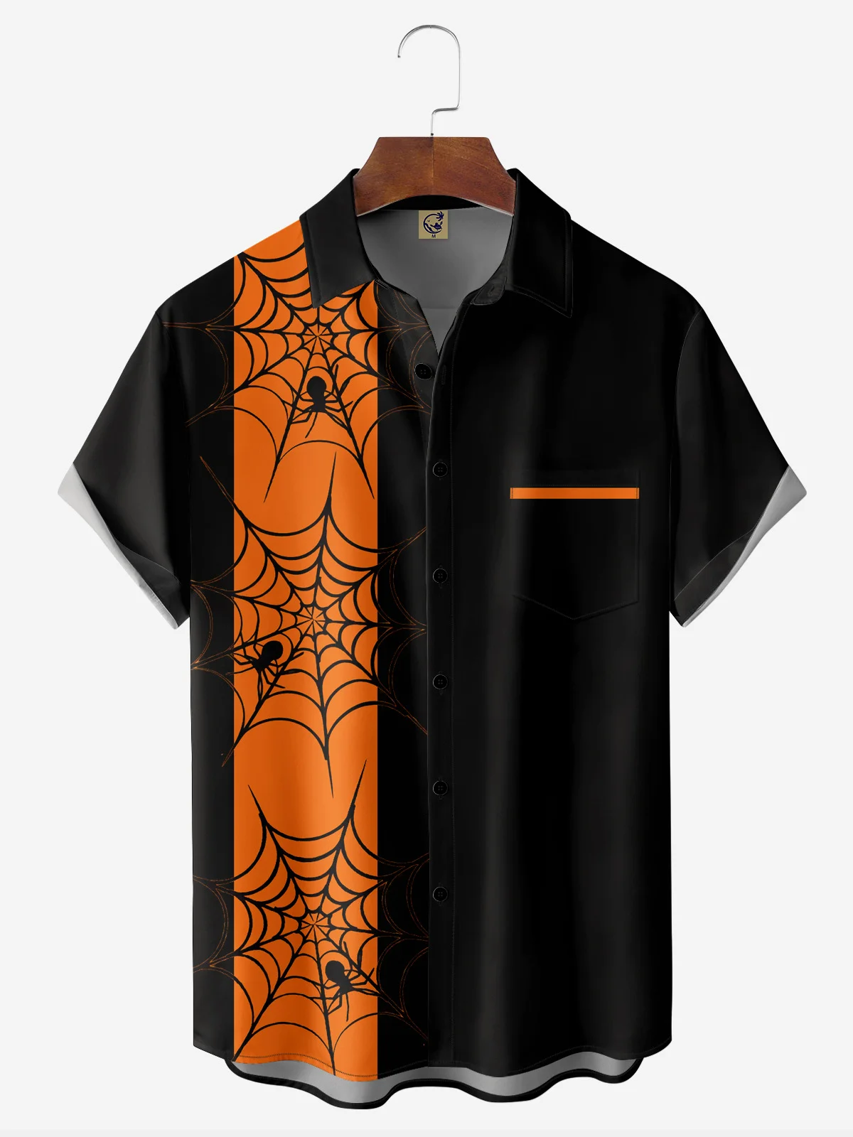 Halloween Spider Web Chest Pocket Short Sleeve Bowling Shirt