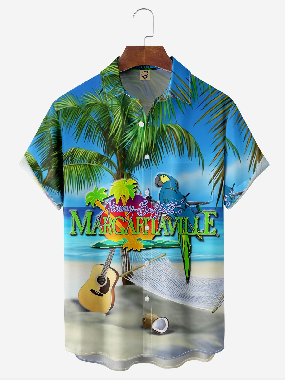 Hardaddy Blue Funny Button Down Hawaiian Shirt Tropical Parrots Music Coconuts Chest Pocket Short Sleeve Hawaiian Shirt