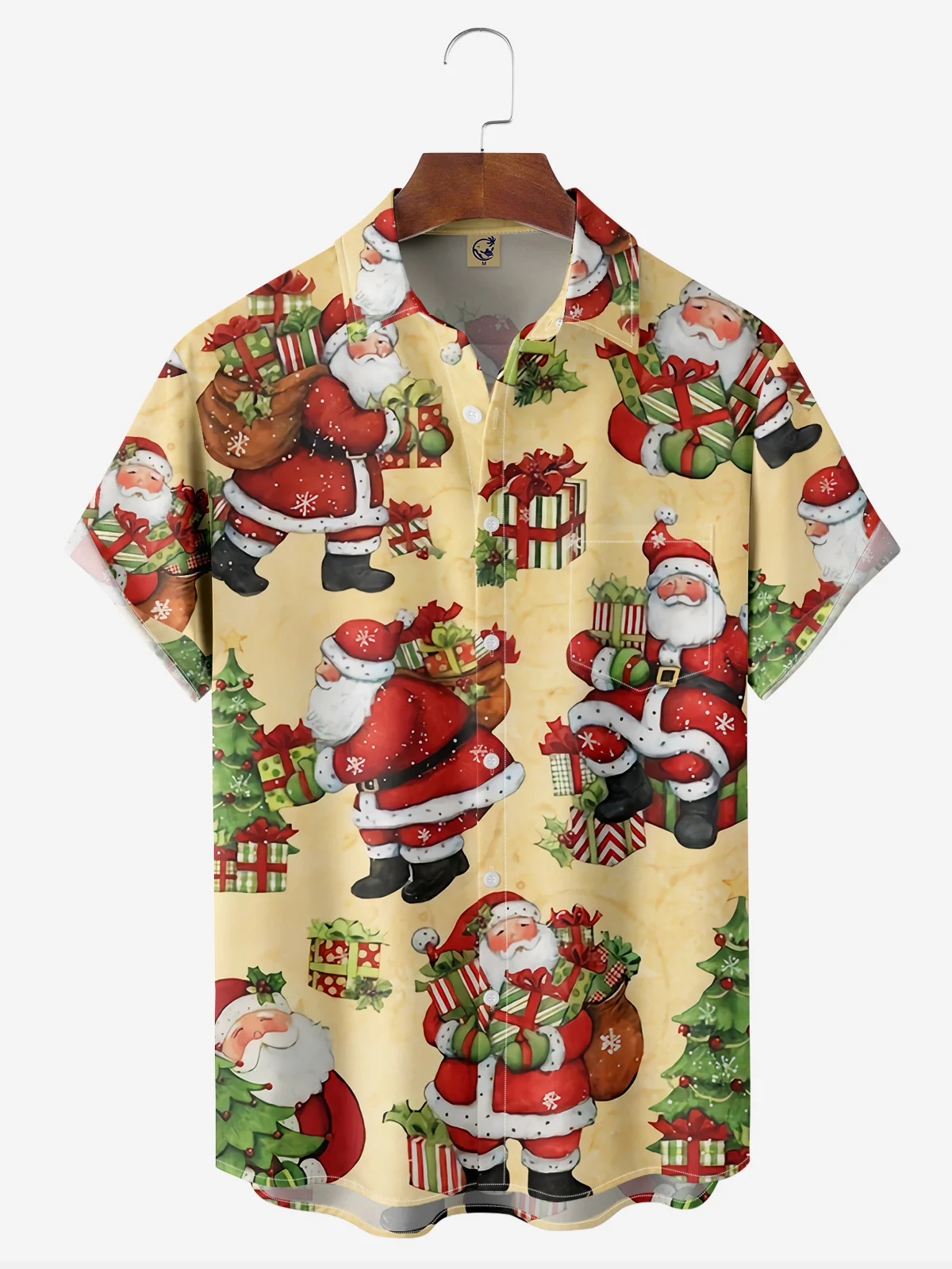 Christmas Santa Claus Chest Pocket Short Sleeve Casual Shirt