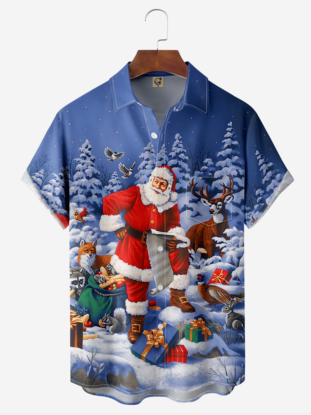 Christmas Santa Claus Chest Pocket Short Sleeve Casual Shirt
