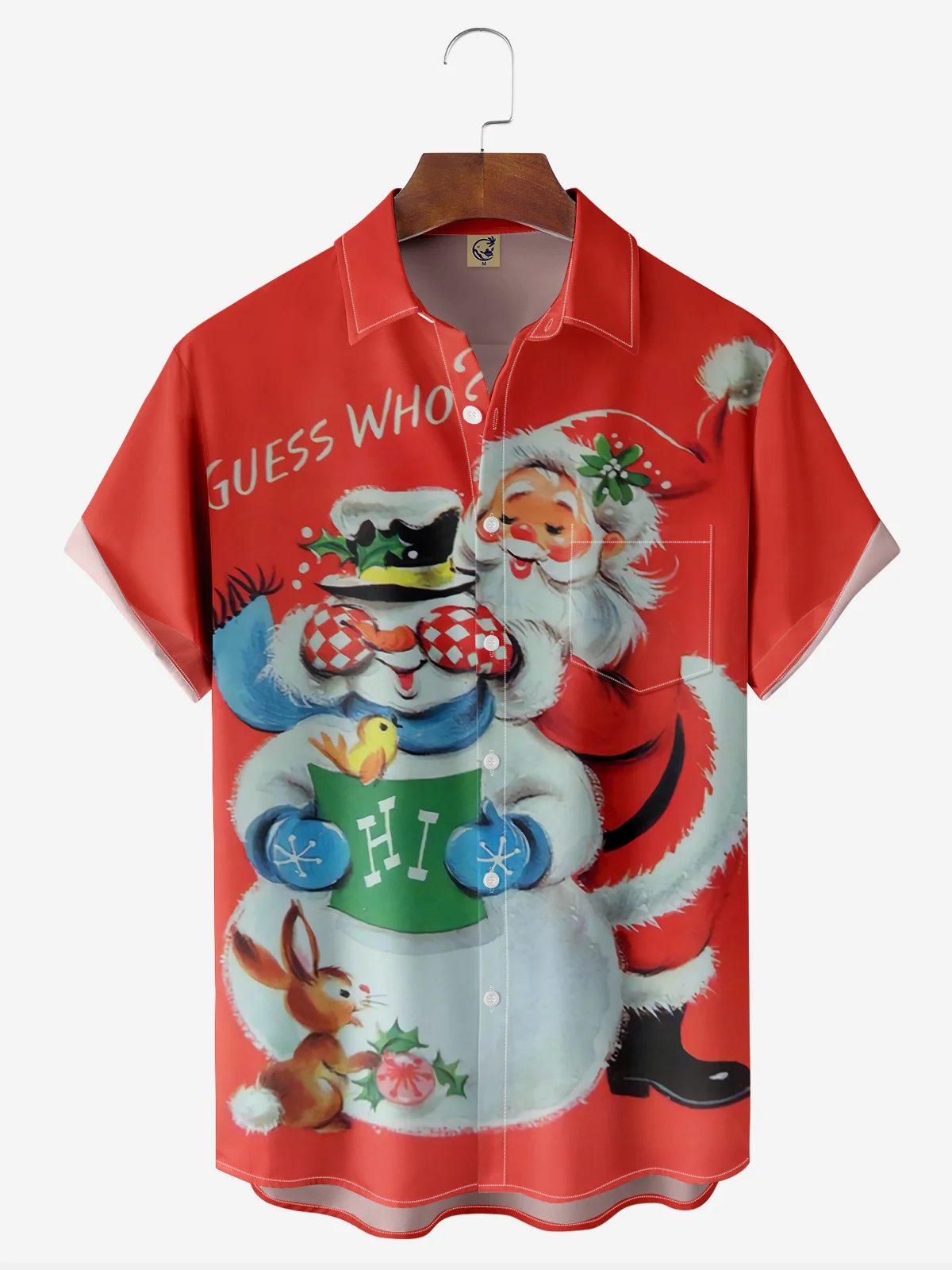 Christmas Santa Claus Chest Pocket Short Sleeve Casual Shirt