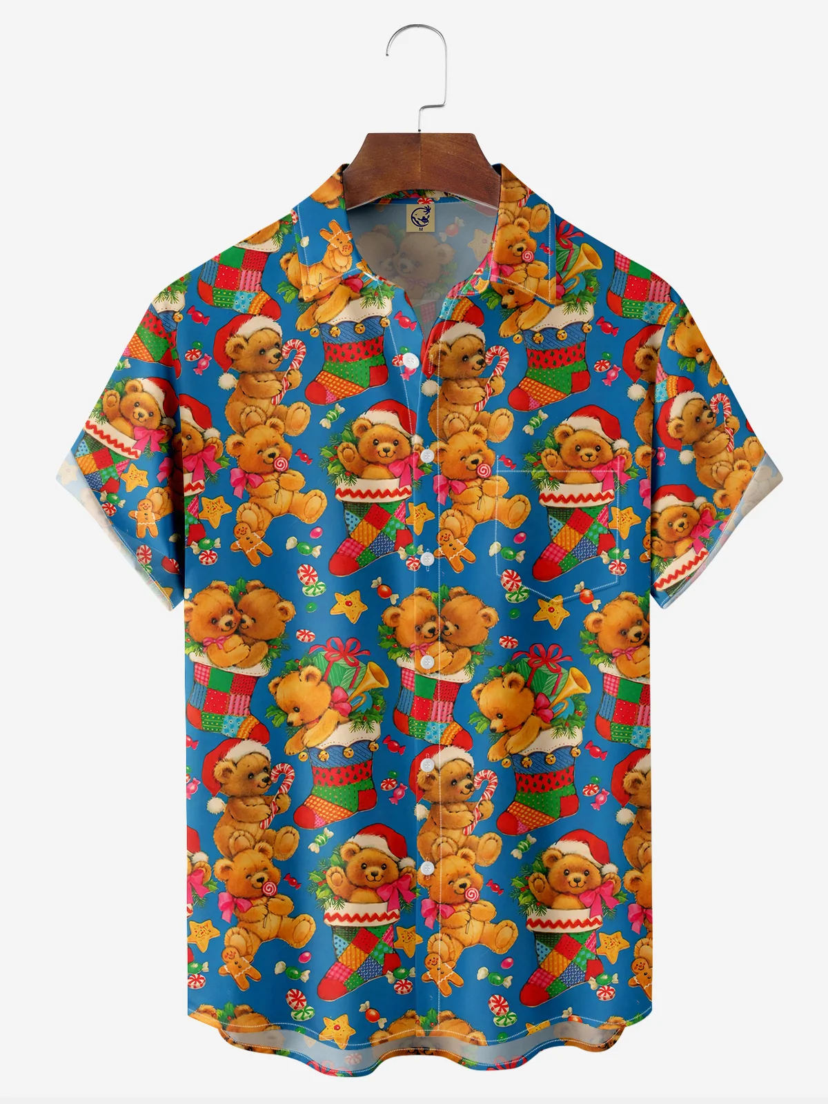 Christmas Bear Chest Pocket Short Sleeve Casual Shirt