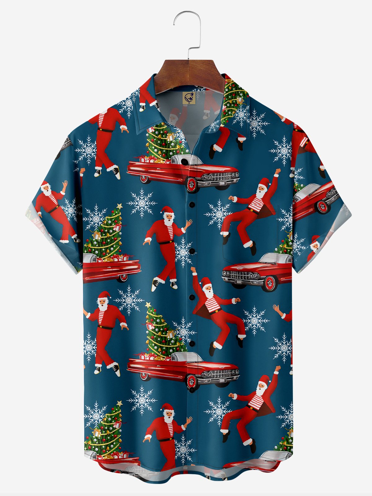 Christmas Santa Chest Pocket Short Sleeve Casual Shirt