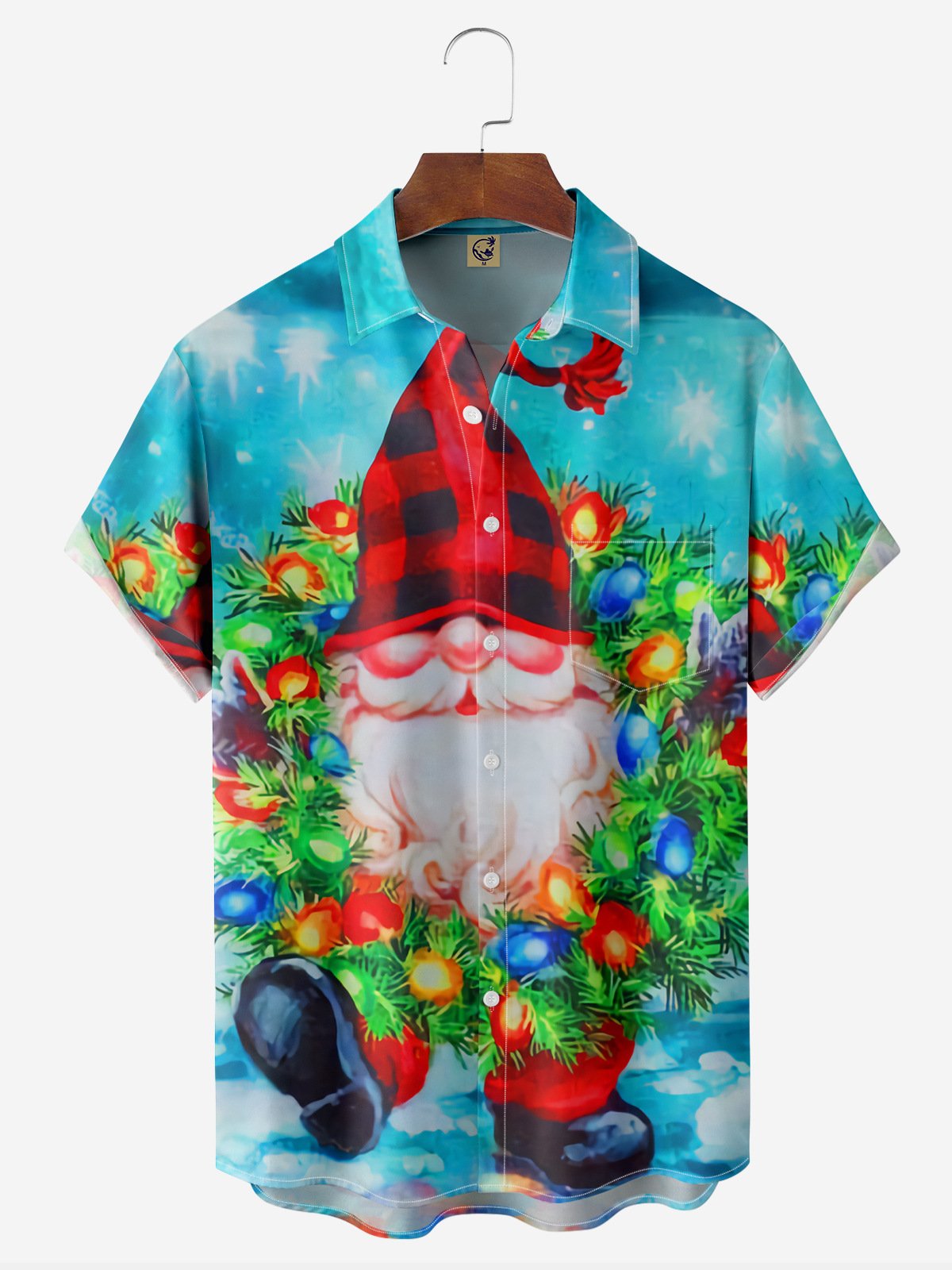 Christmas Gnomes Chest Pocket Short Sleeve Casual Shirt