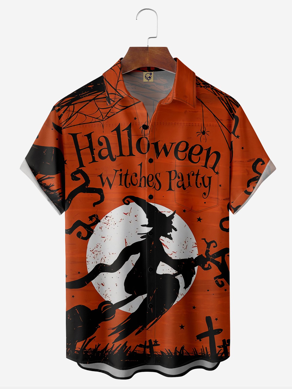 Halloween Witch Chest Pocket Short Sleeve Casual Shirt