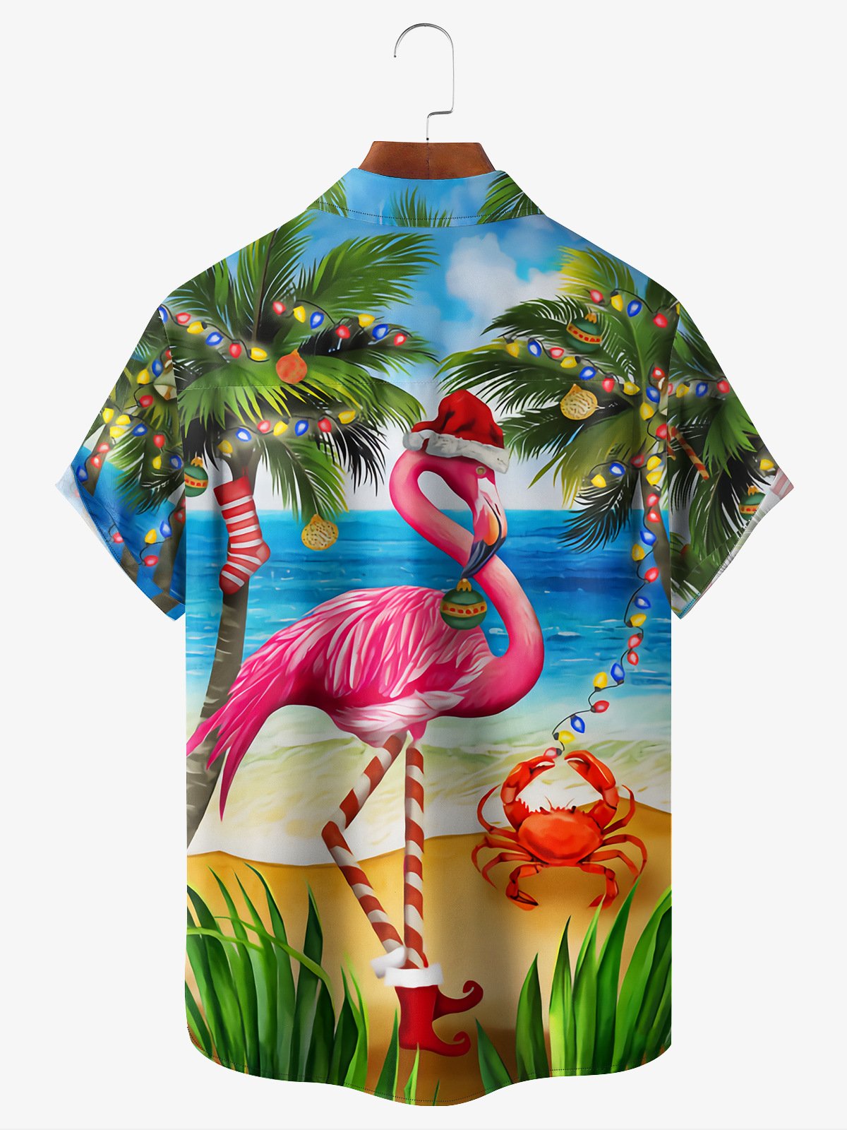 Christmas Flamingo Chest Pocket Short Sleeve Hawaiian Shirt