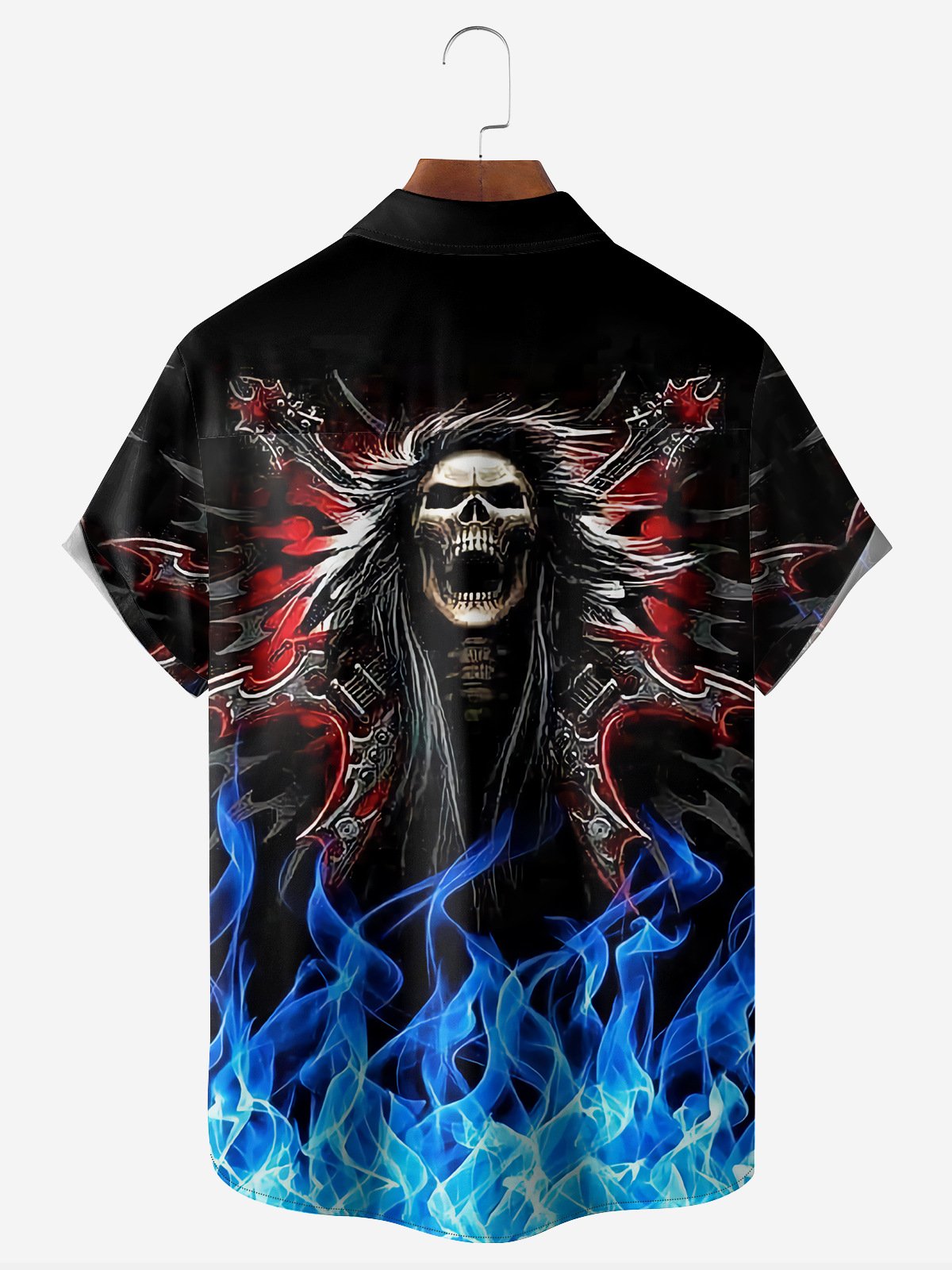 Rock Skull Flame Chest Pocket Short Sleeve Casual Shirt