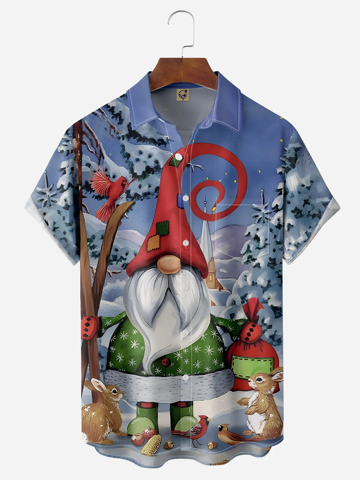 Christmas Gnomes Chest Pocket Short Sleeve Casual Shirt