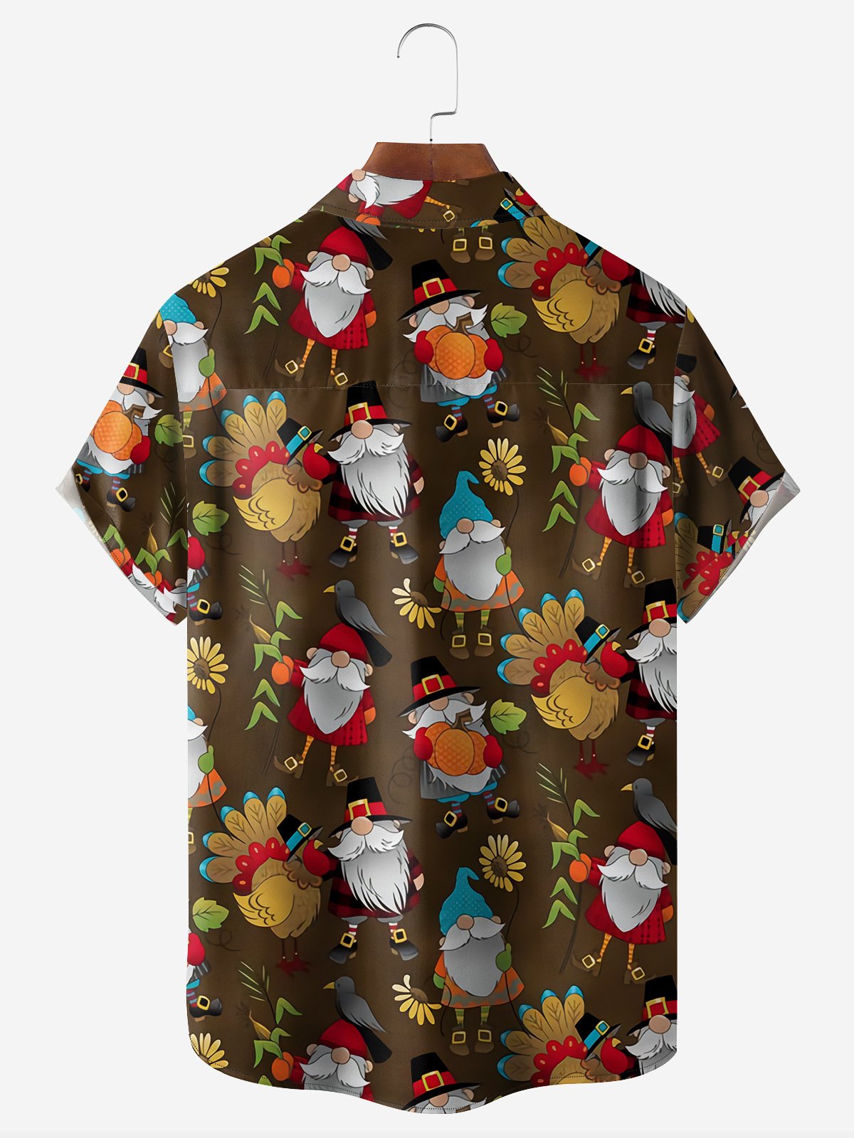 Hardaddy Thanksgiving Turkey Gnome Chest Pocket Short Sleeve Casual Shirt