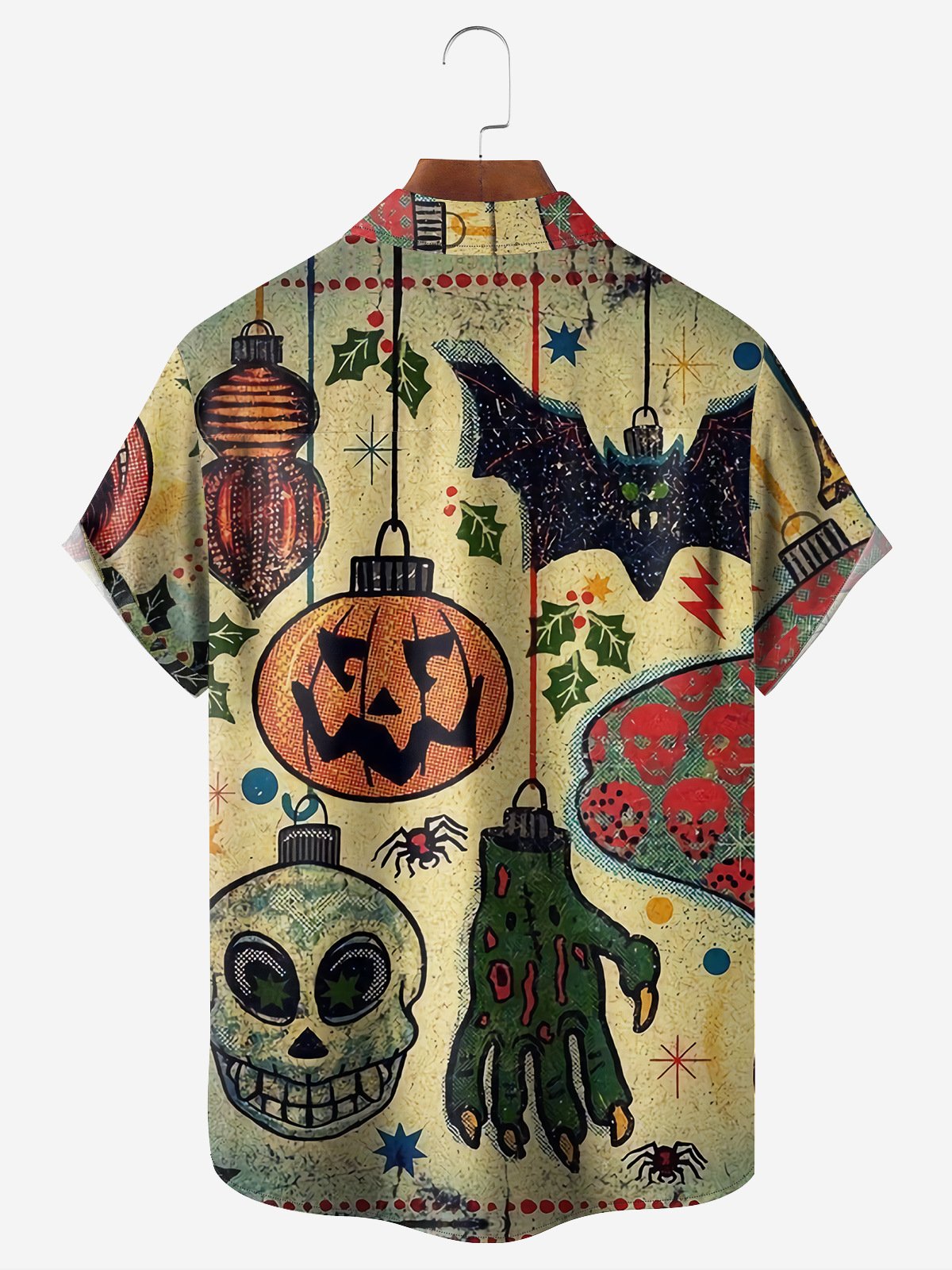 Mid Century Halloween Pumpkin Skeleton Chest Pocket Short Sleeve Hawaiian Shirt