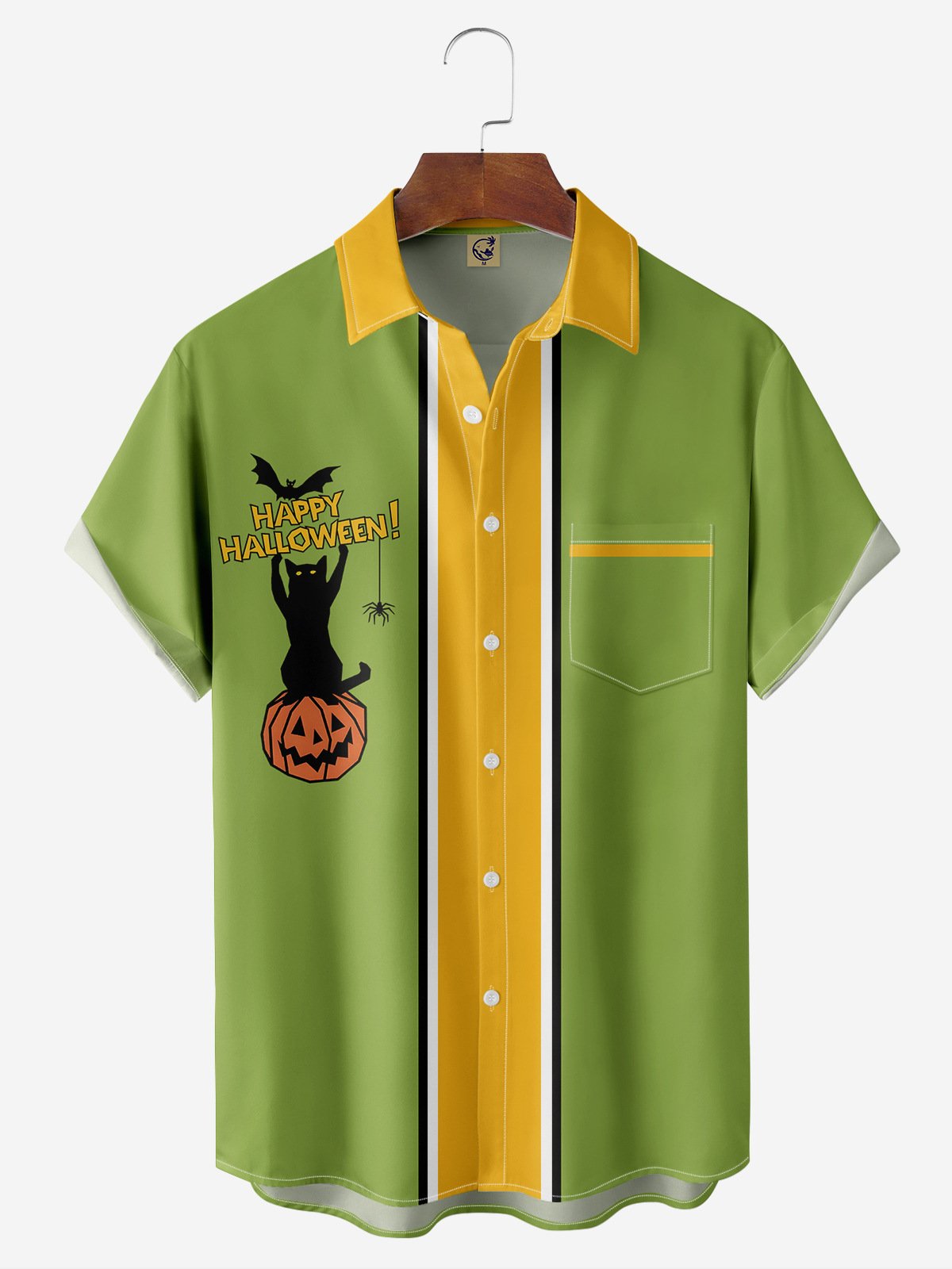 Halloween Cat Chest Bag Short Sleeve Bowling Shirt