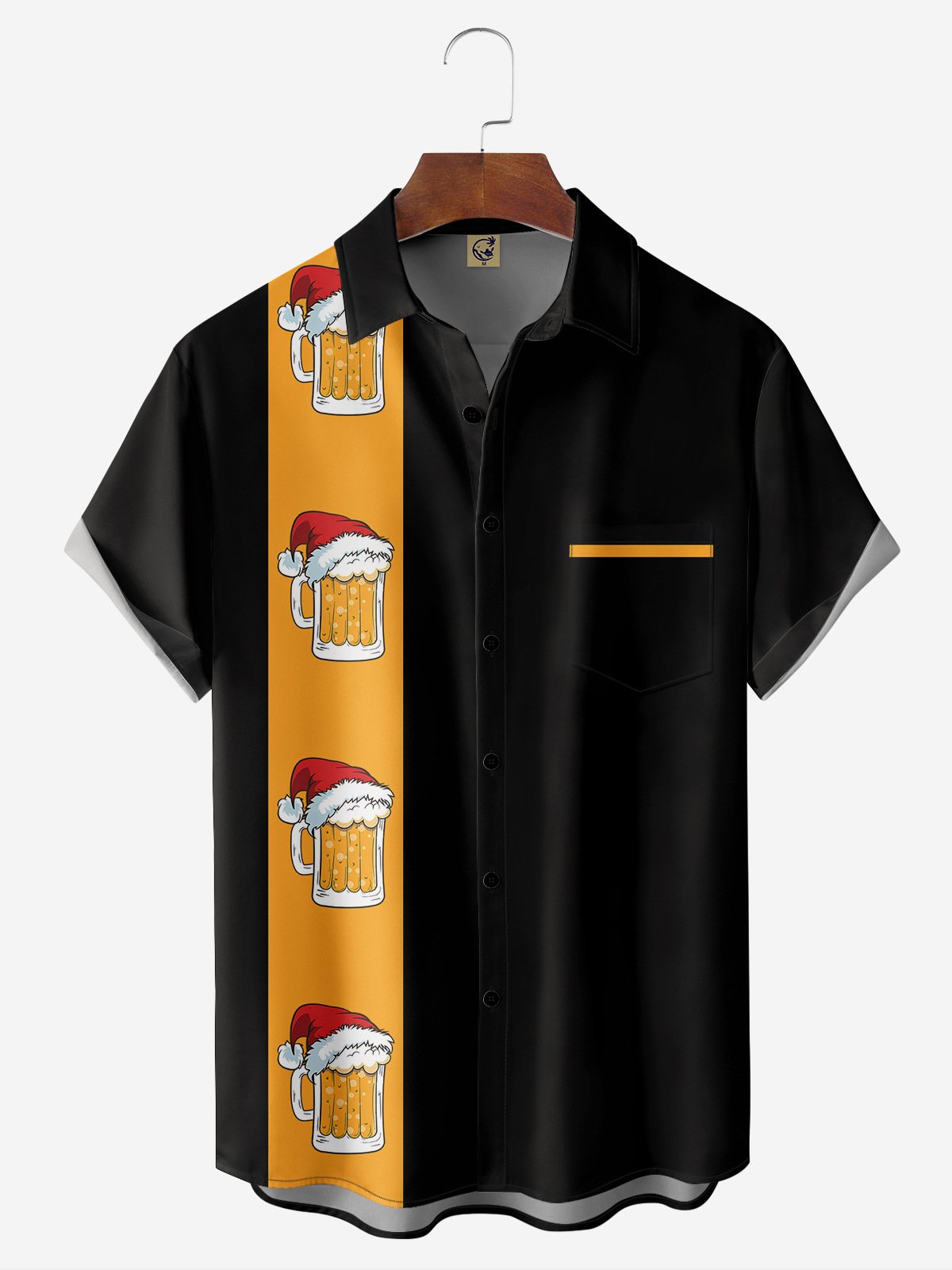 Christmas Beer Chest Pocket Short Sleeve Bowling Shirt