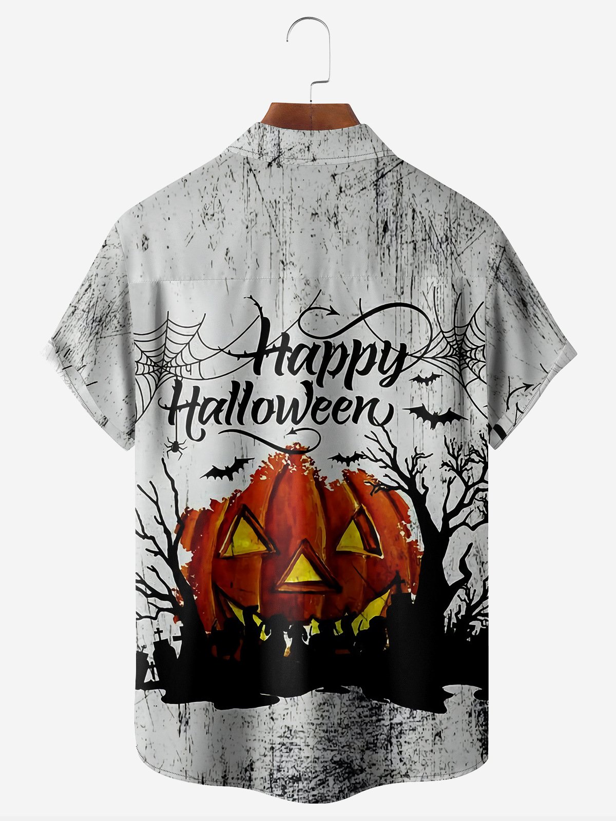 Halloween Pumpkin Chest Pocket Short Sleeve Casual Shirt