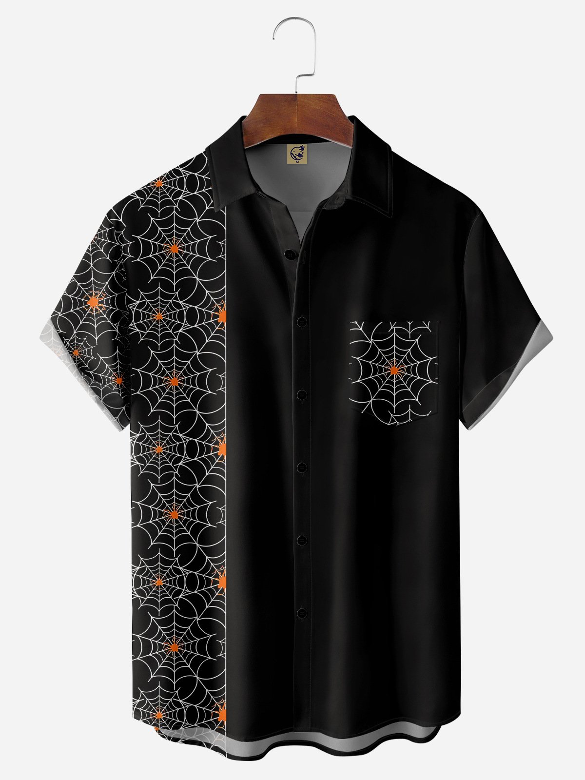 Halloween Spider Web Chest Pocket Short Sleeve Casual Shirt