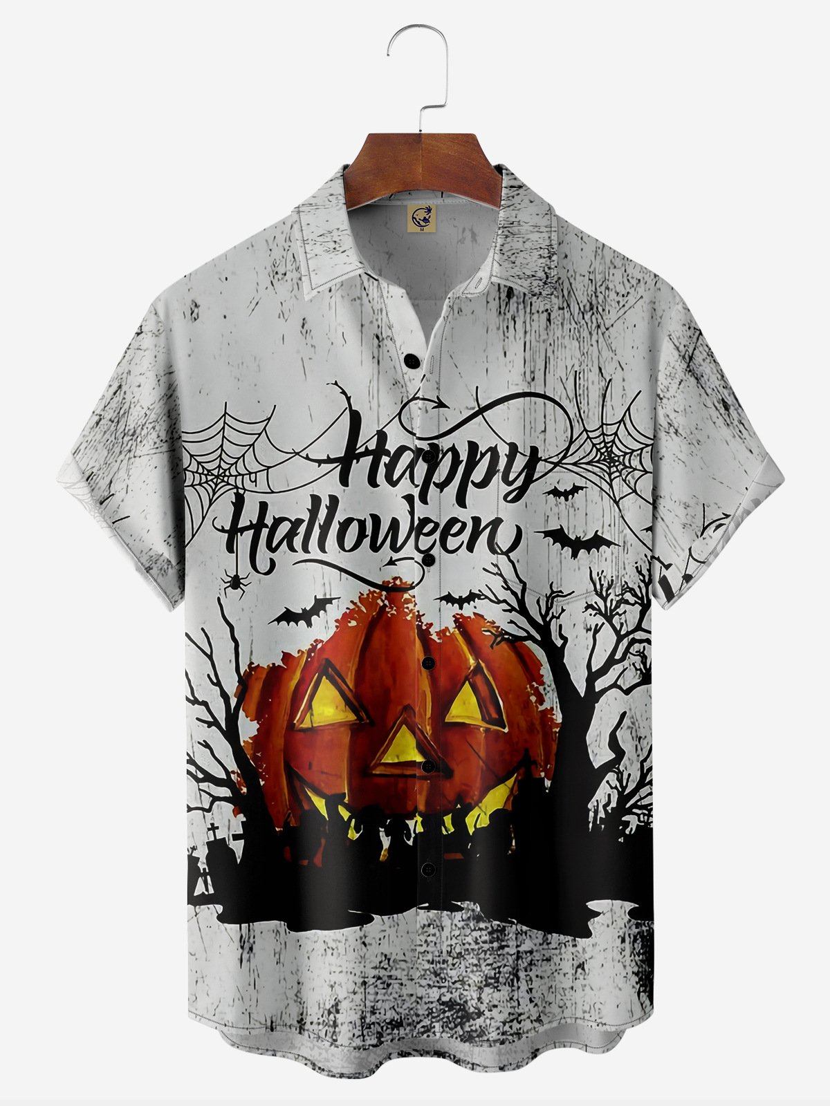 Halloween Pumpkin Chest Pocket Short Sleeve Casual Shirt