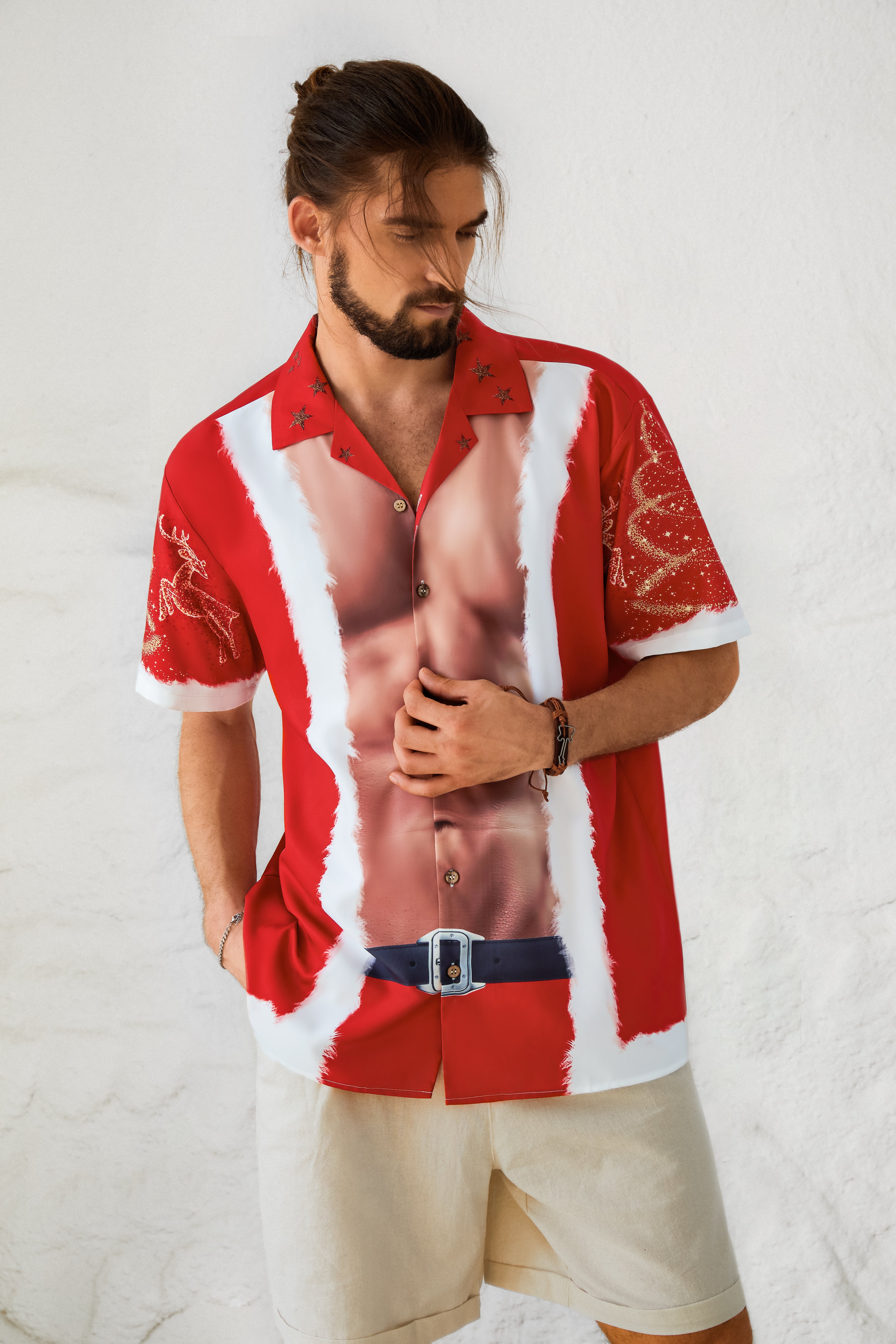 Men's New Santa Outfit Print Casual Breathable Hawaiian Short Sleeve Shirt