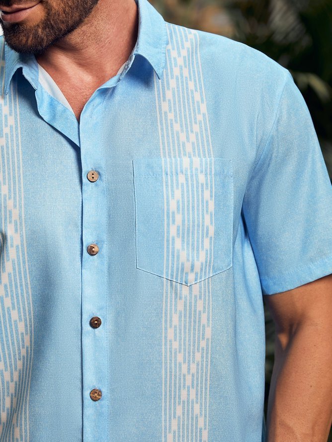 Big Size Striped Short Sleeve Chest Pocket Guayabera Shirt