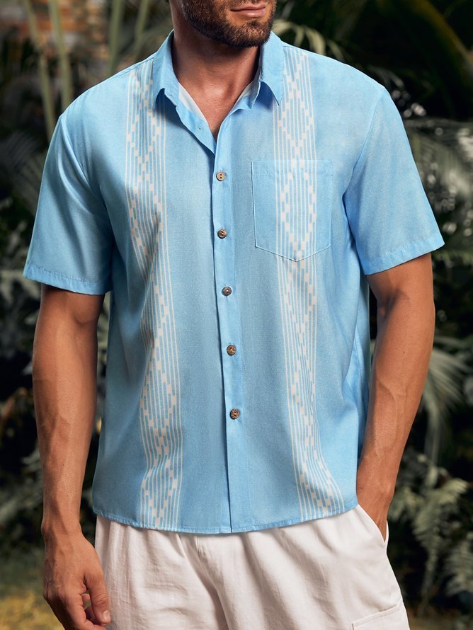 Big Size Striped Short Sleeve Chest Pocket Guayabera Shirt