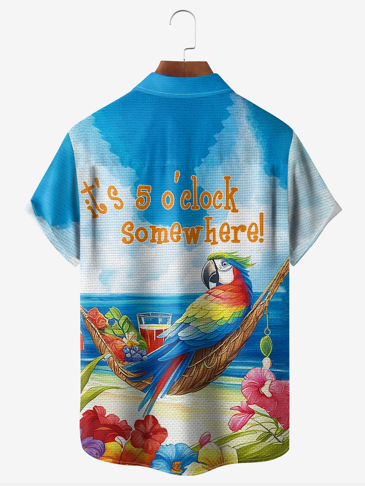 Hardaddy It's 5 O'Clock Somewhere Parrot Beach Chest Pocket Short Sleeve Funny Men's Hawaiian Botton Down Shirt