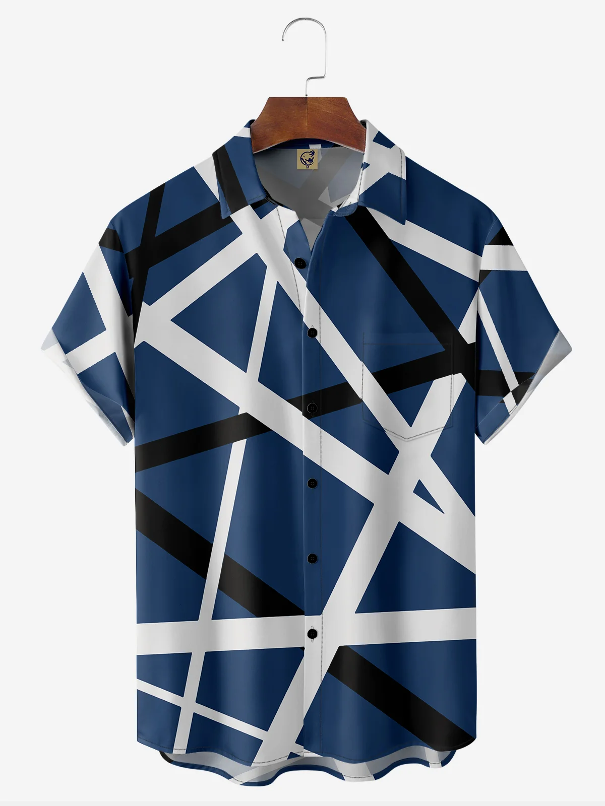 Hardaddy Geometric Lines Chest Pocket Short Sleeve Casual Shirt