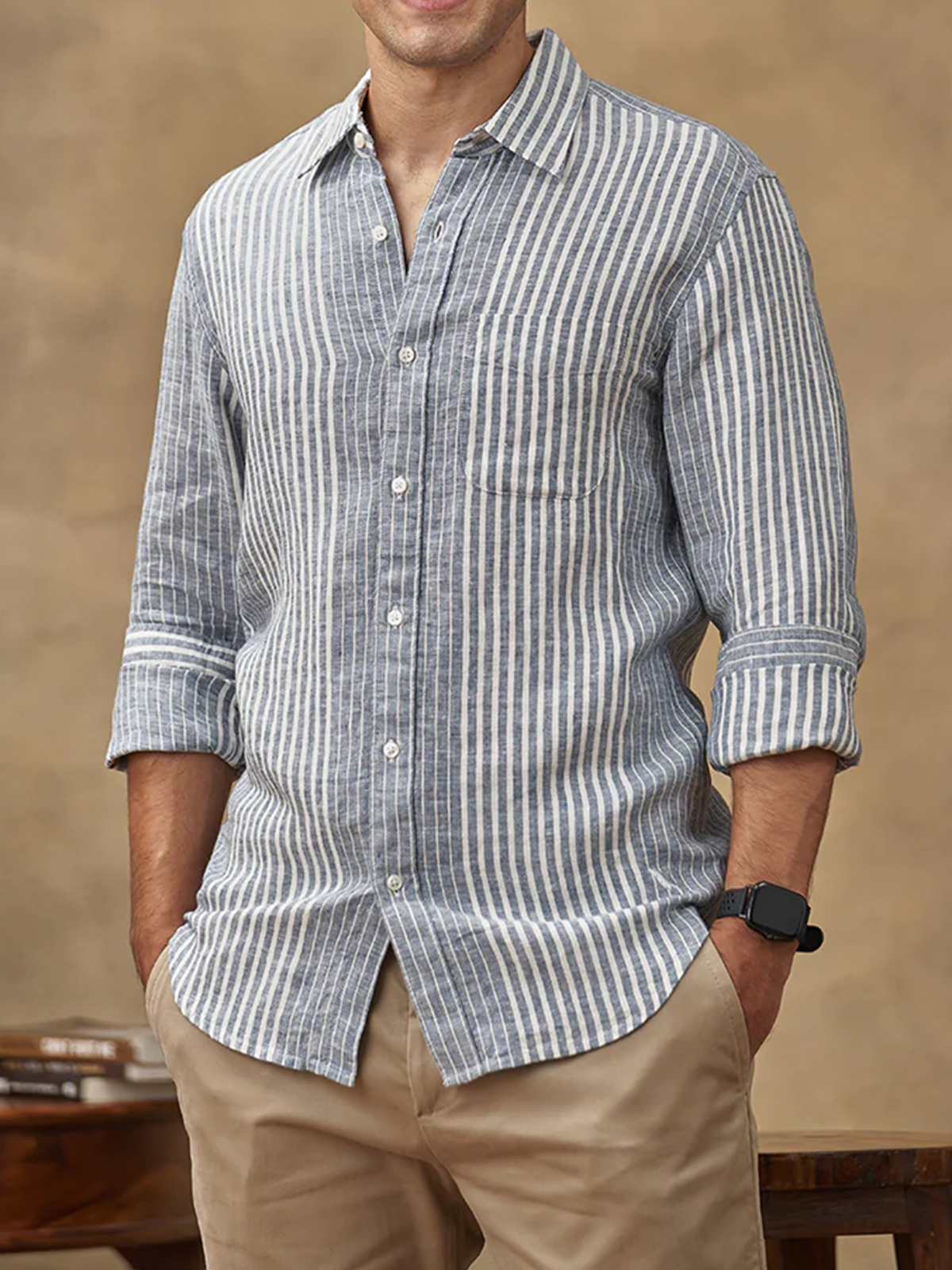 Striped Chest Pocket Long Sleeve Casual Shirt