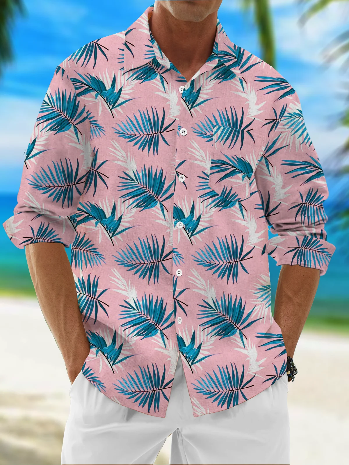 Hawaiian Floral Chest Pocket Long Sleeve Casual Shirt