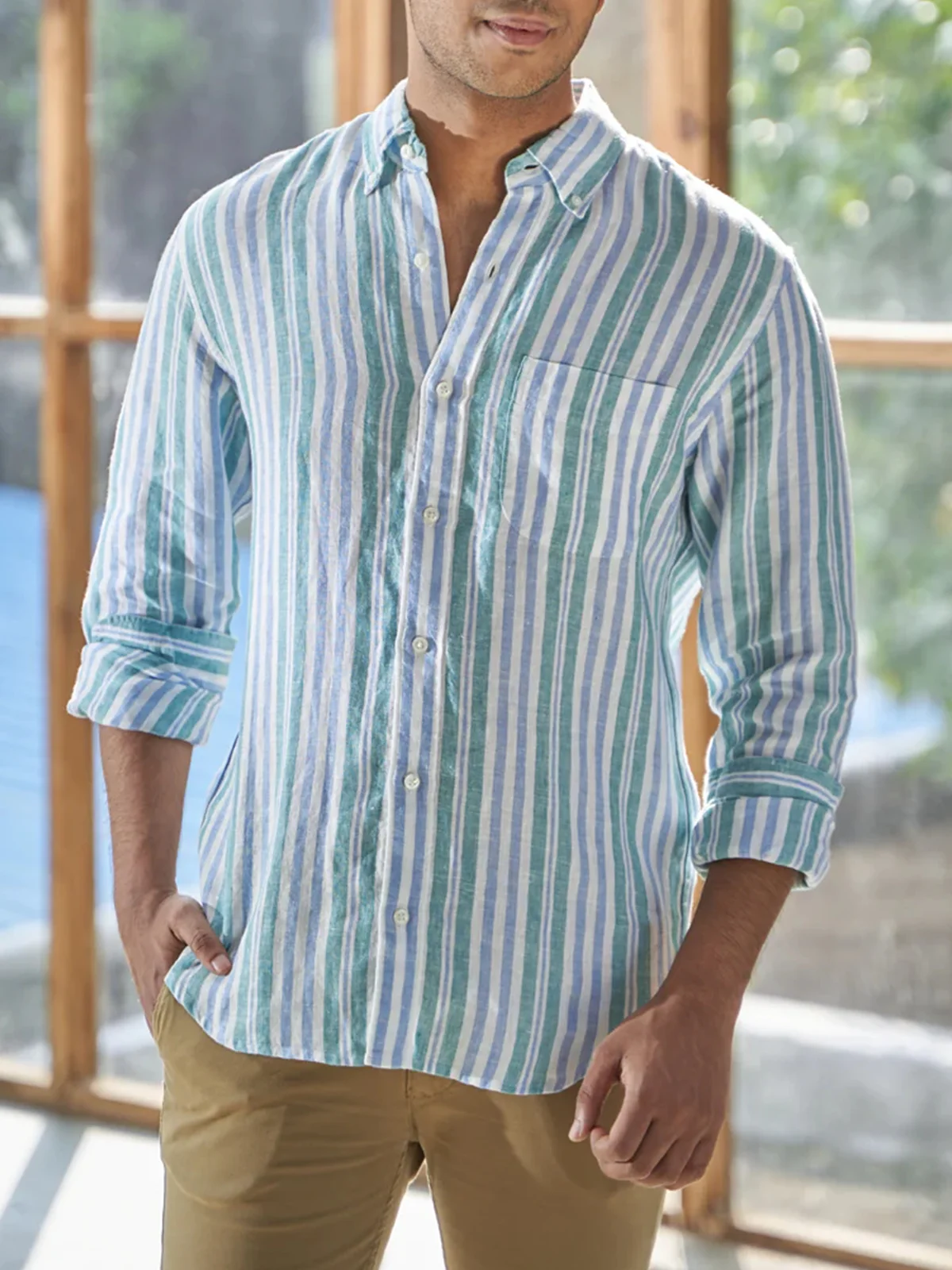 Striped Chest Pocket Long Sleeve Casual Shirt