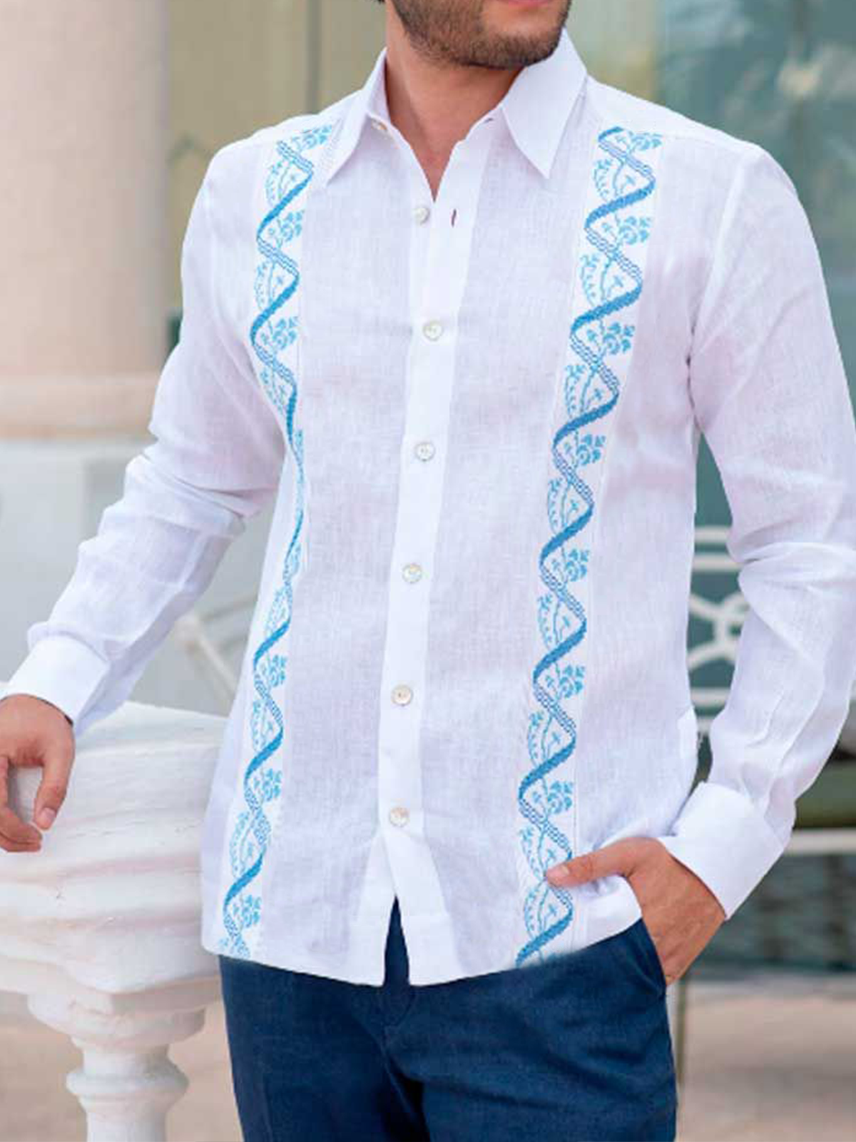 Hardaddy Geometric Floral Stripe Chest Pocket Long Sleeve Guayabera Shirt