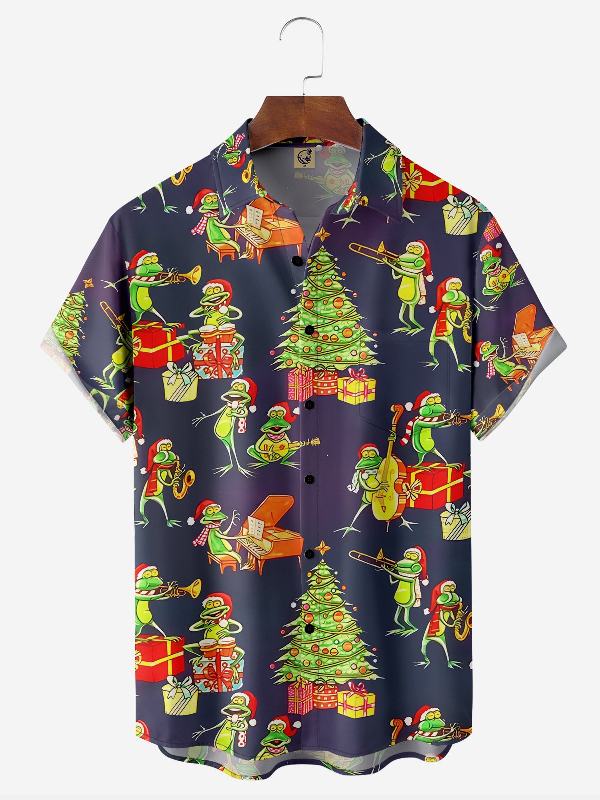 Christmas Frog Chest Pocket Short Sleeve Casual Shirt