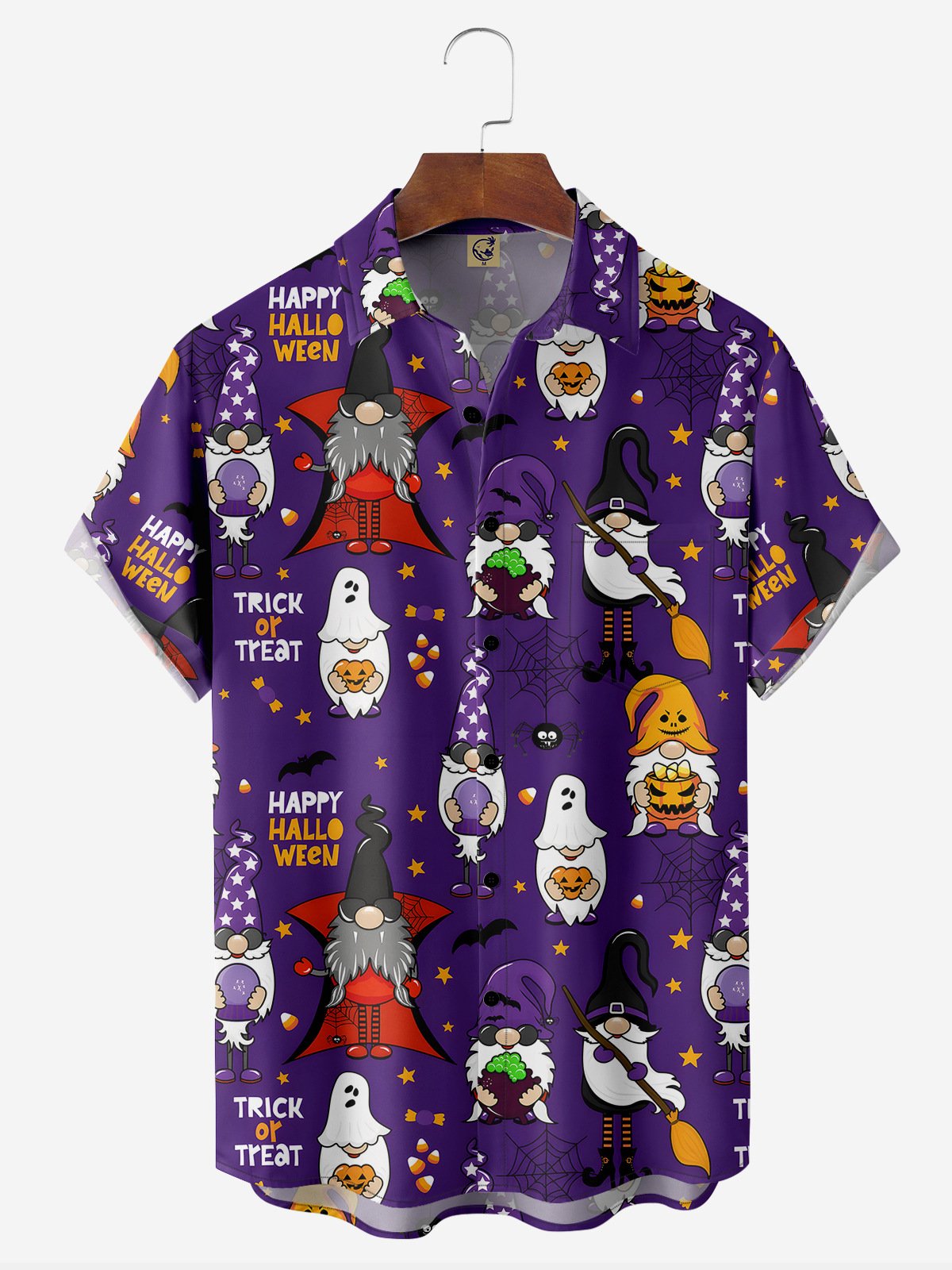 Halloween Gnome Chest Pocket Short Sleeve Casual Shirt