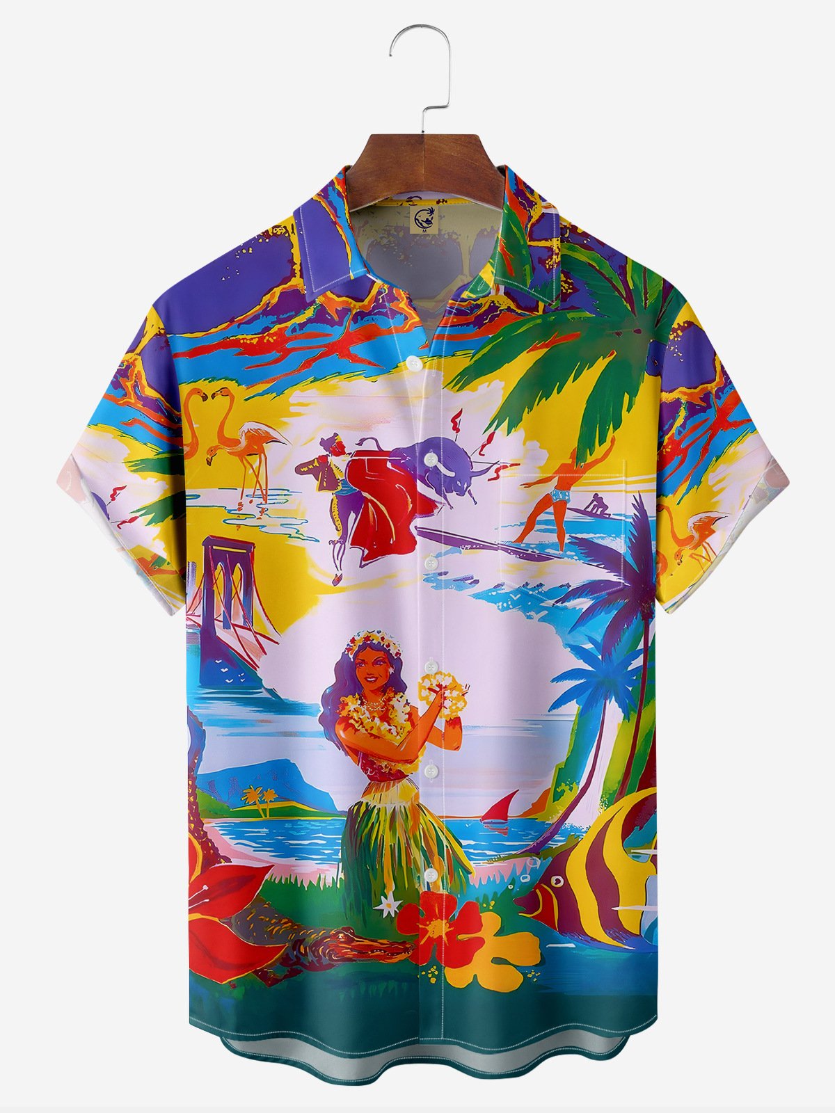 Hula Girl Chest Pocket Short Sleeve Hawaiian Shirt