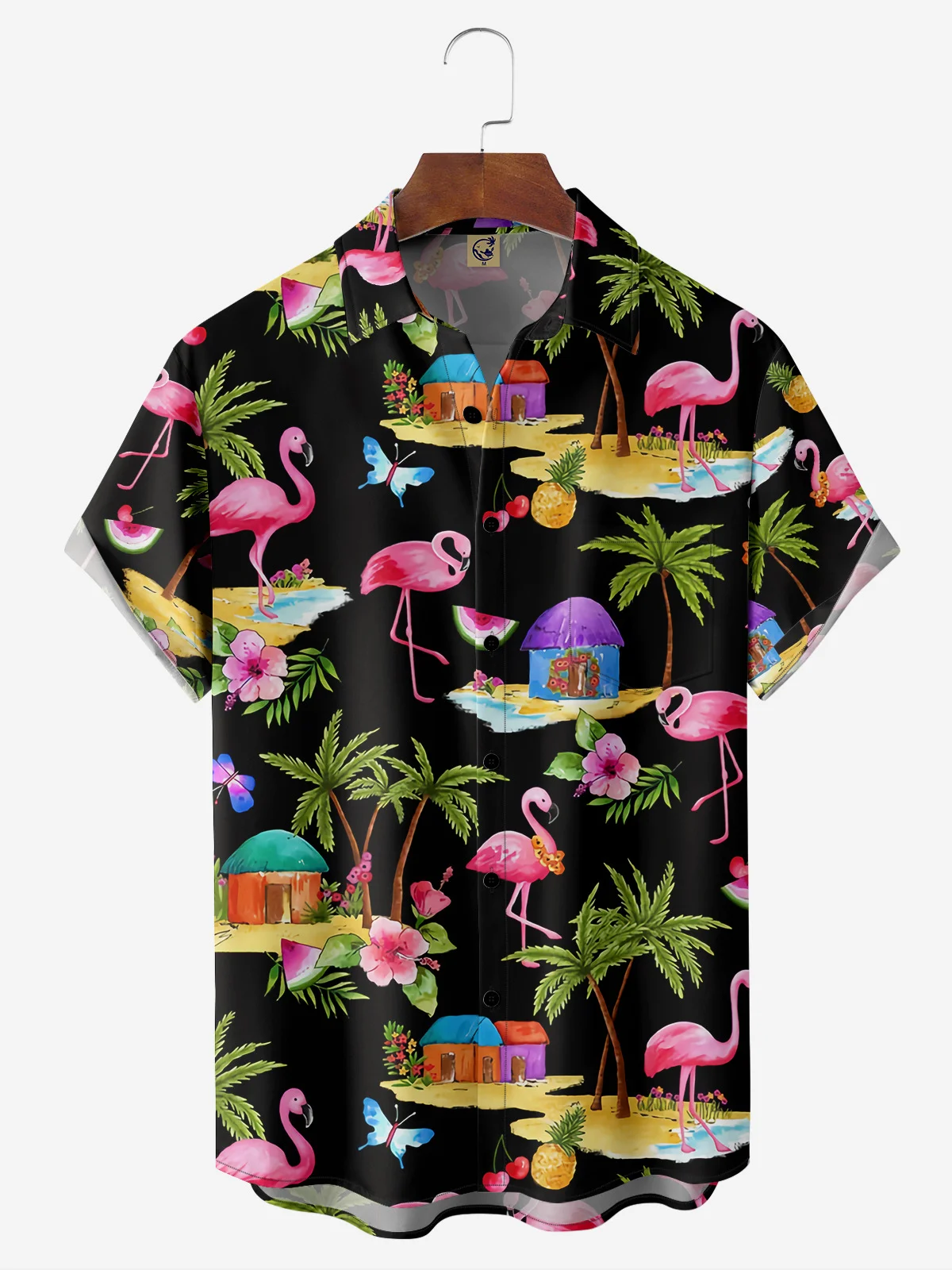 Flamingo Chest Pocket Short Sleeve Hawaiian Shirt