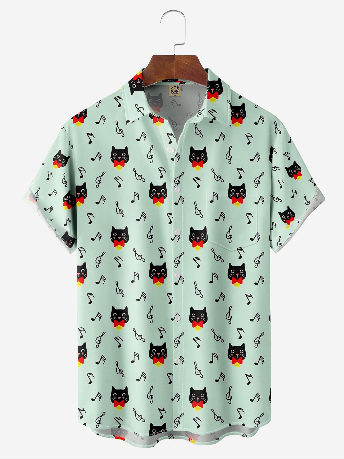 Music Cat Chest Pocket Short Sleeve Casual Shirt