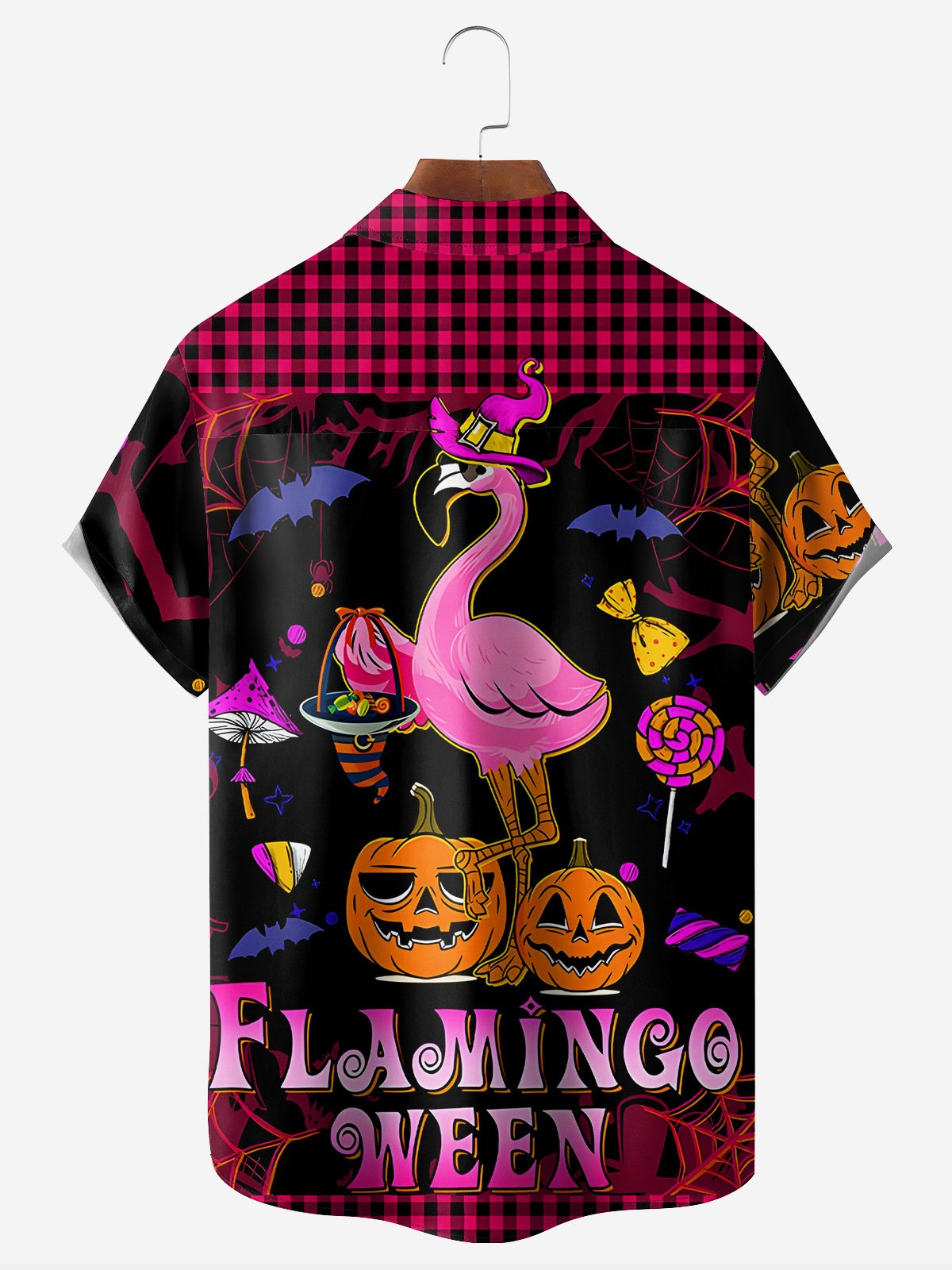 Halloween Flamingo Chest Pocket Short Sleeve Hawaiian Shirt