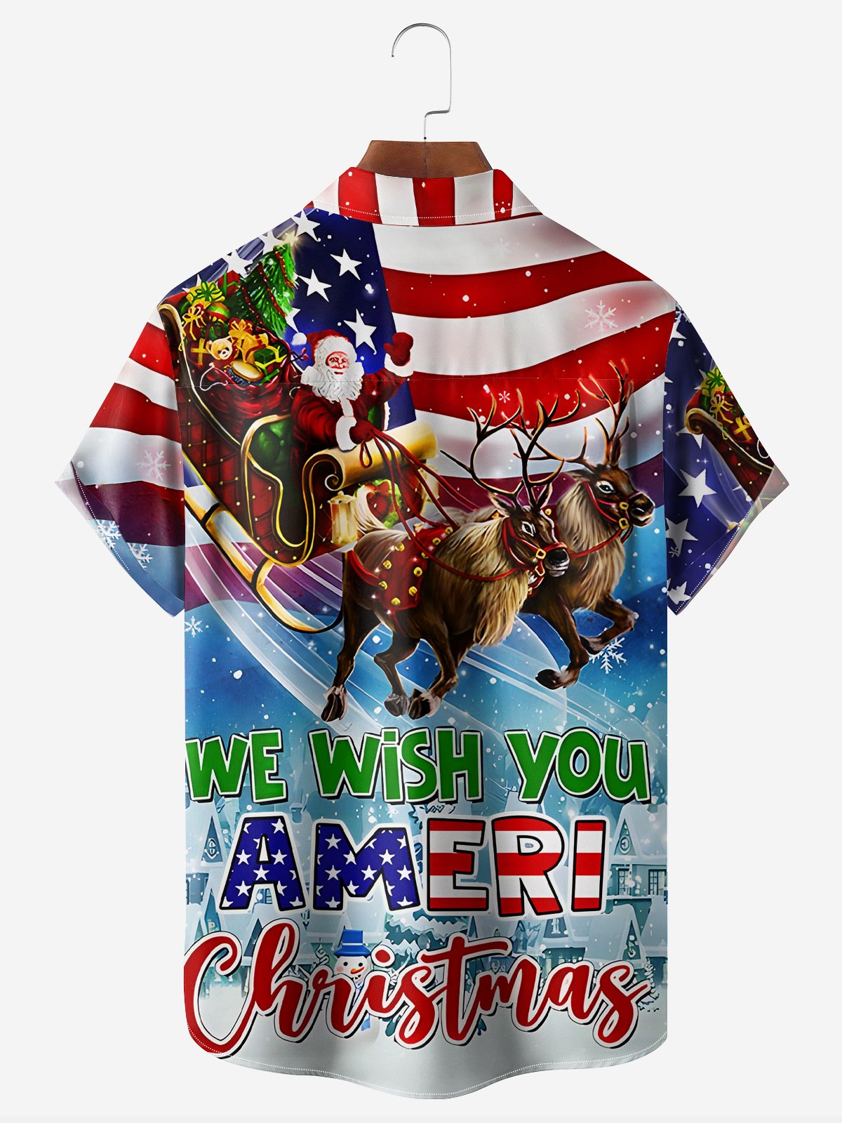 Christmas American Flag Santa Chest Pocket Short Sleeve Hawaiian Shirt