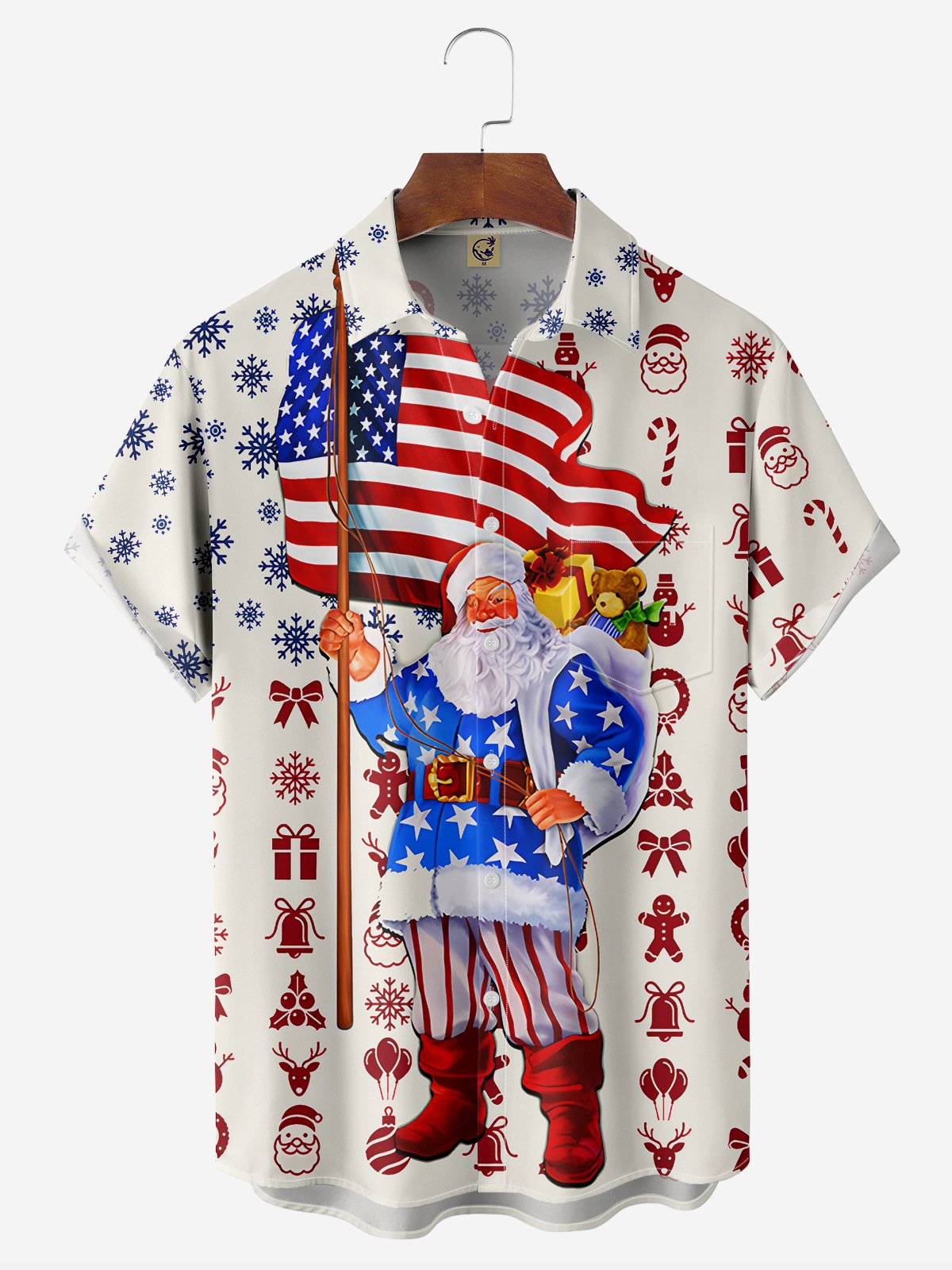 Christmas American Flag Santa Chest Pocket Short Sleeve Hawaiian Shirt