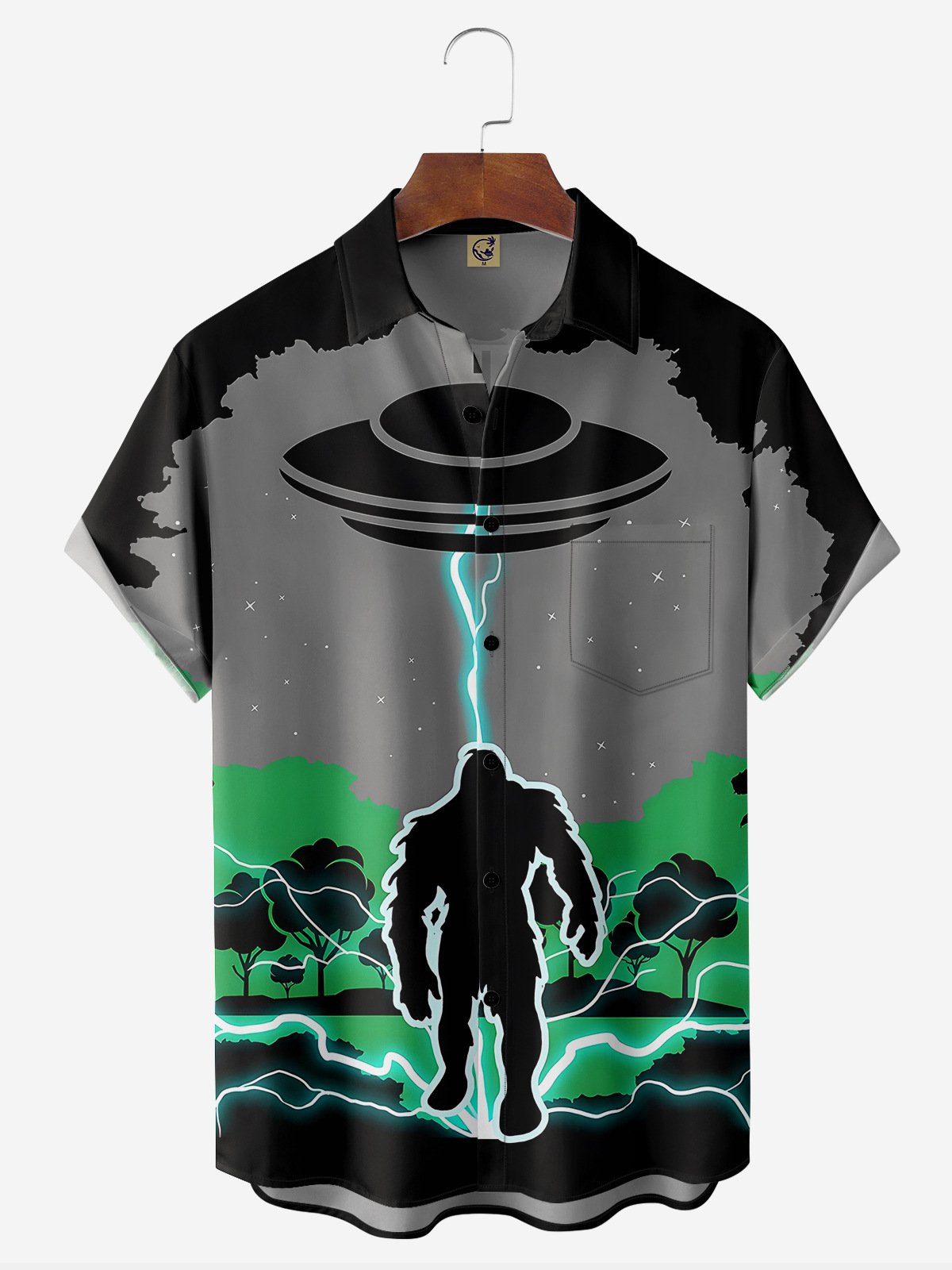 UFO Bigfoot Chest Pocket Short Sleeve Casual Shirt