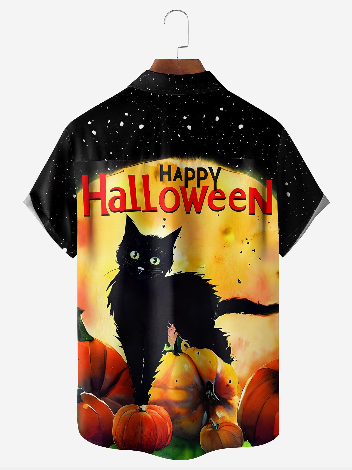 Halloween Black Cat Chest Pocket Short Sleeve Casual Shirt