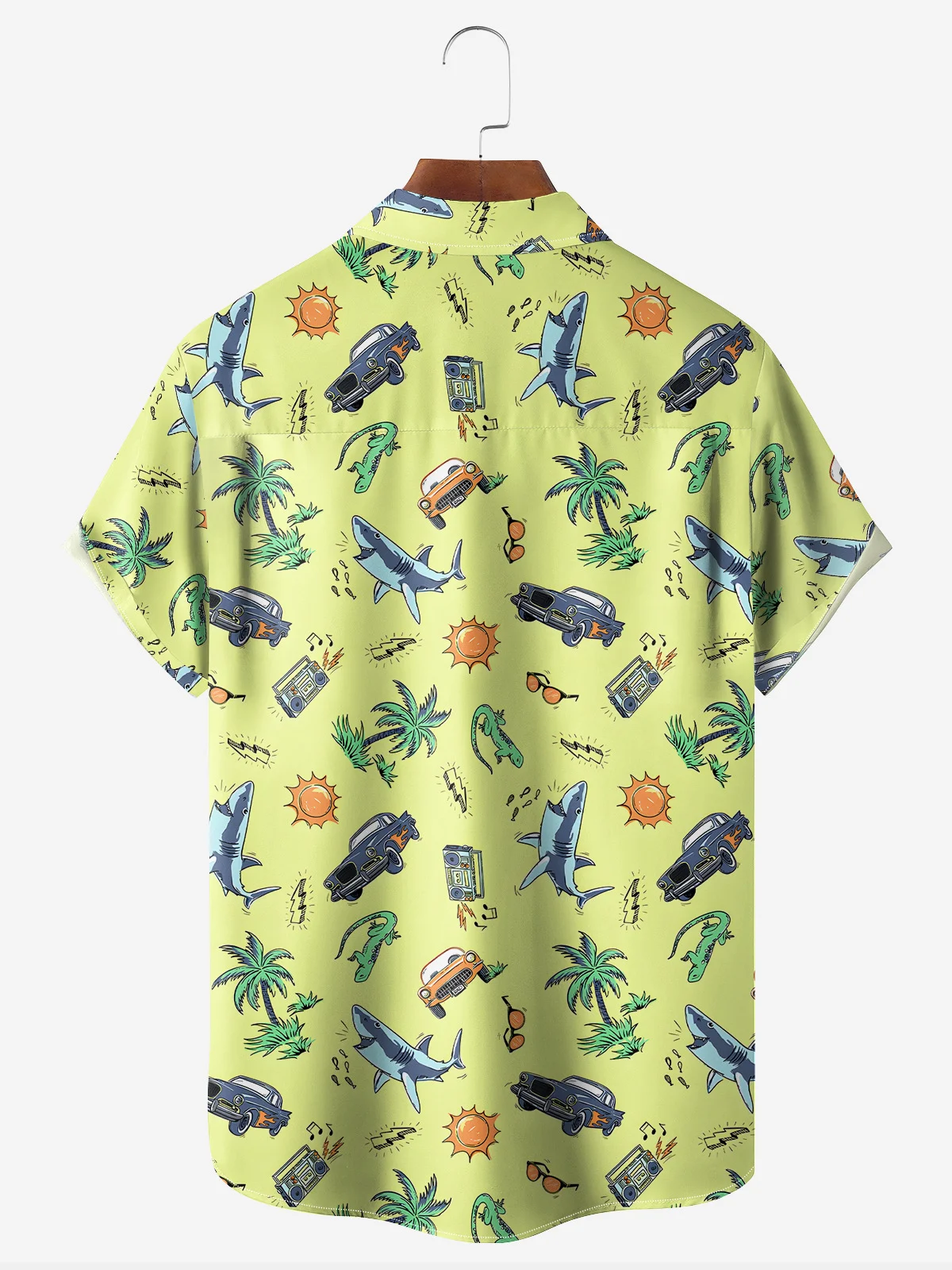 Small Pattern Coconut Tree Shark Chest Pocket Short Sleeve Hawaiian Shirt