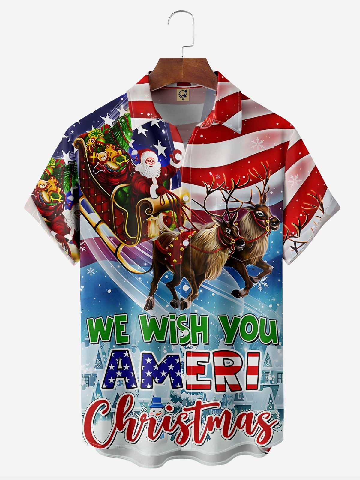 Christmas American Flag Santa Chest Pocket Short Sleeve Hawaiian Shirt