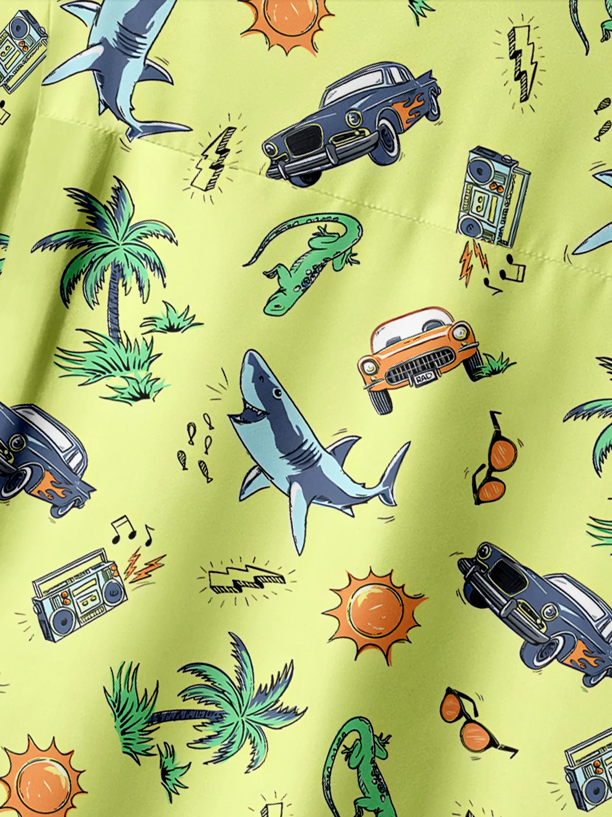 Small Pattern Coconut Tree Shark Chest Pocket Short Sleeve Hawaiian Shirt