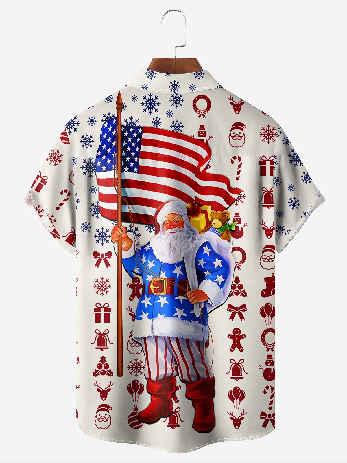 Christmas American Flag Santa Chest Pocket Short Sleeve Hawaiian Shirt