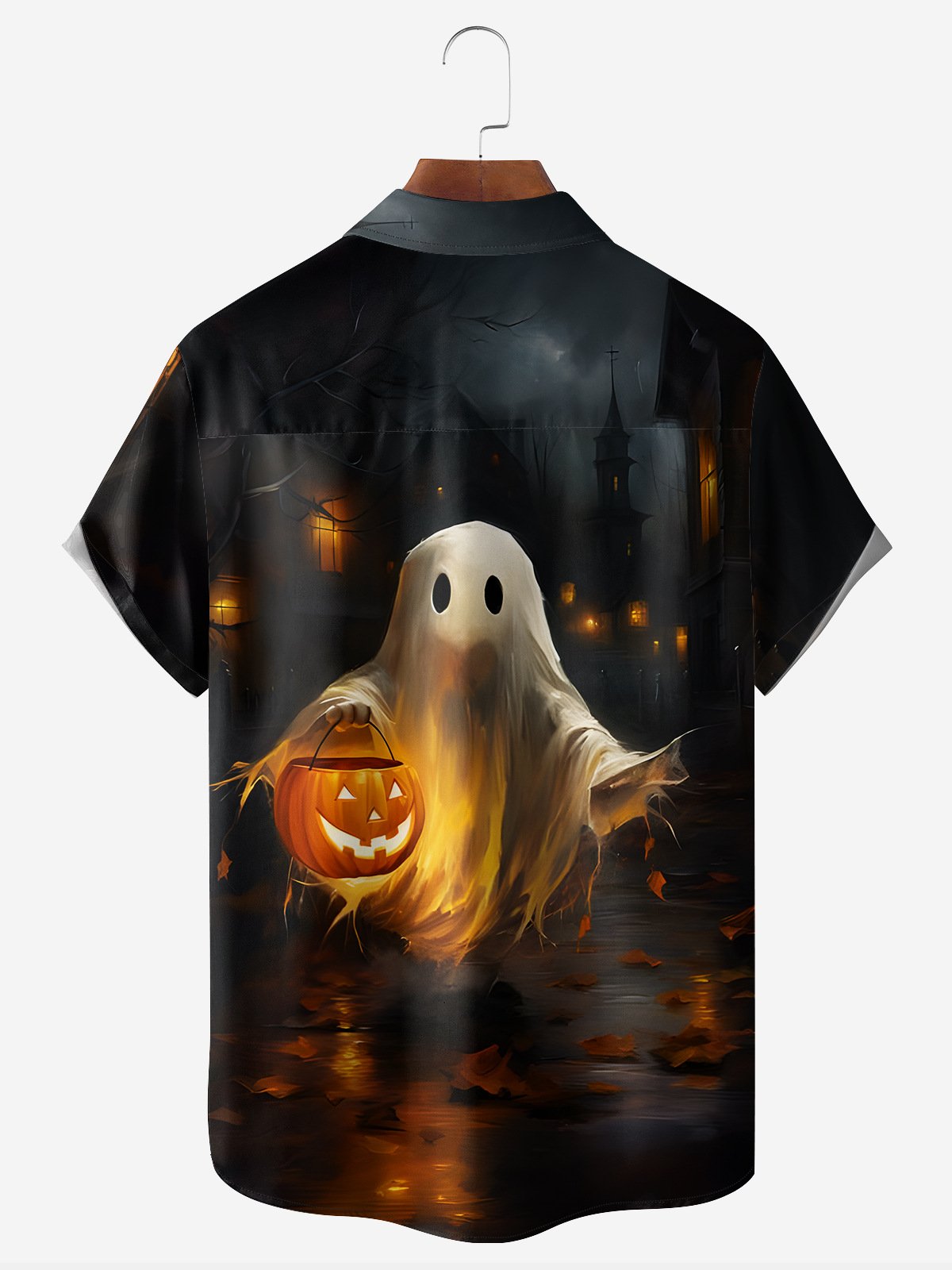 Halloween Ghost Chest Pocket Short Sleeve Casual Shirt