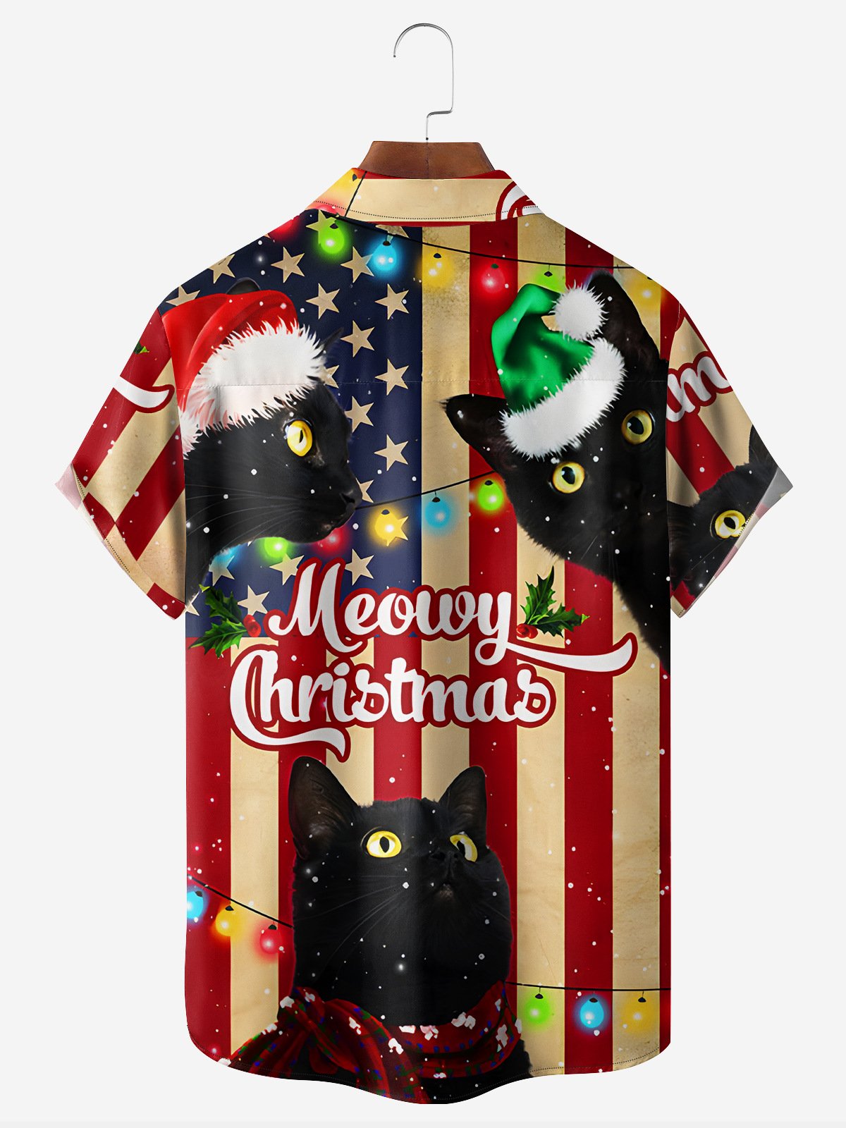 American Flag Black Cat Christmas Chest Pocket Short Sleeve Hawaiian Shirt