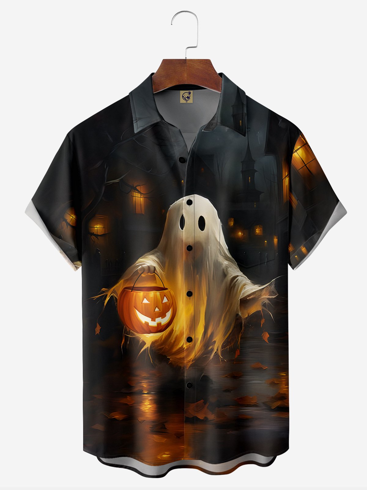 Halloween Ghost Chest Pocket Short Sleeve Casual Shirt