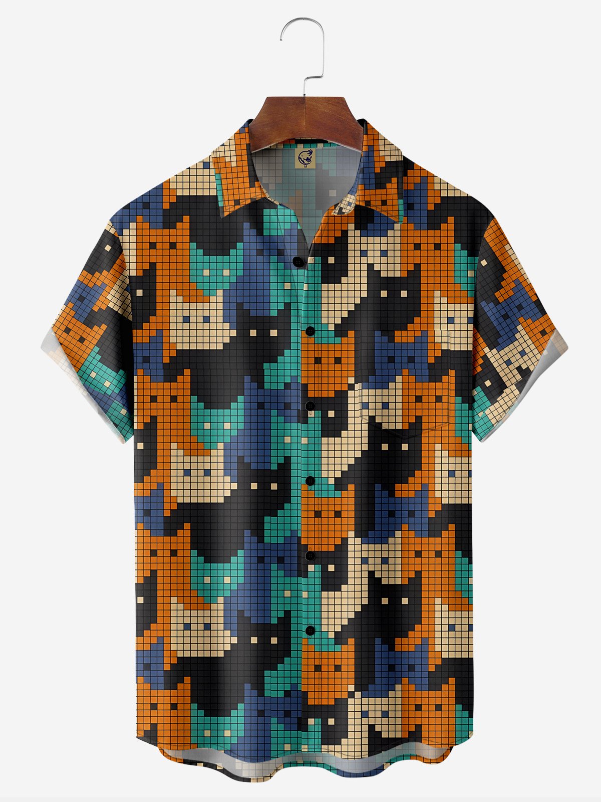 Mosaic Cat Chest Pocket Short Sleeve Casual Shirt