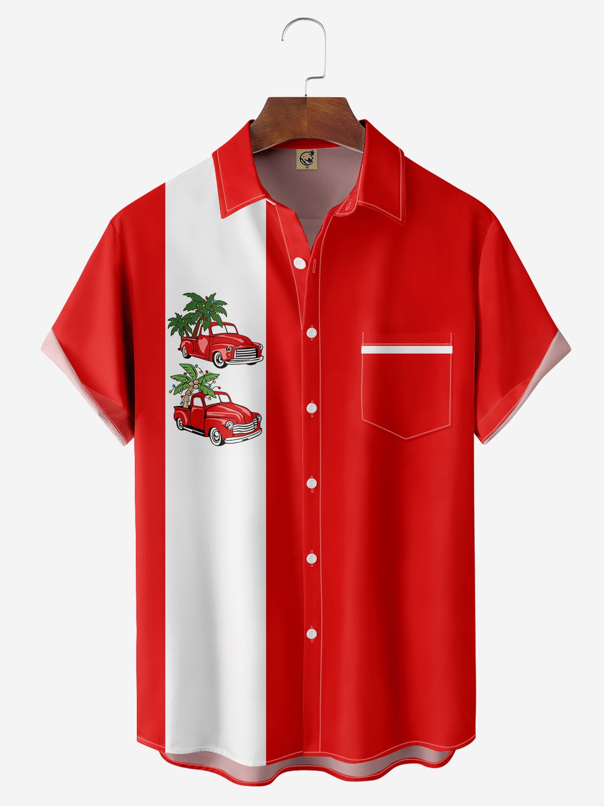 Christmas Car Chest Pocket Short Sleeve Bowling Shirt