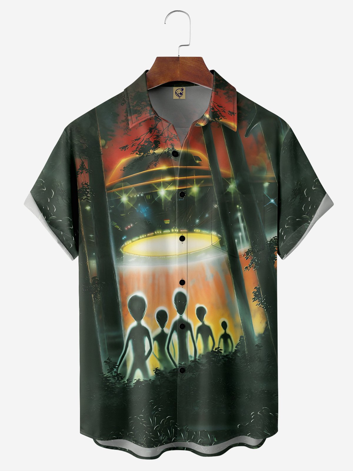 Alien Spaceship Chest Pocket Short Sleeve Casual Shirt