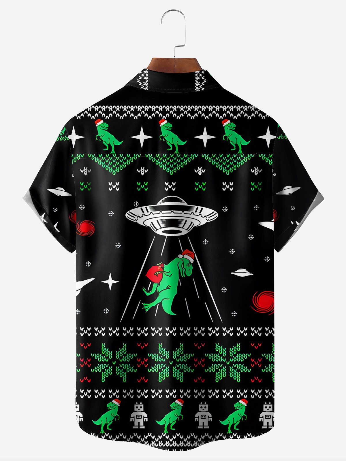 Christmas Dinosaur Chest Pocket Short Sleeve Hawaiian Shirt
