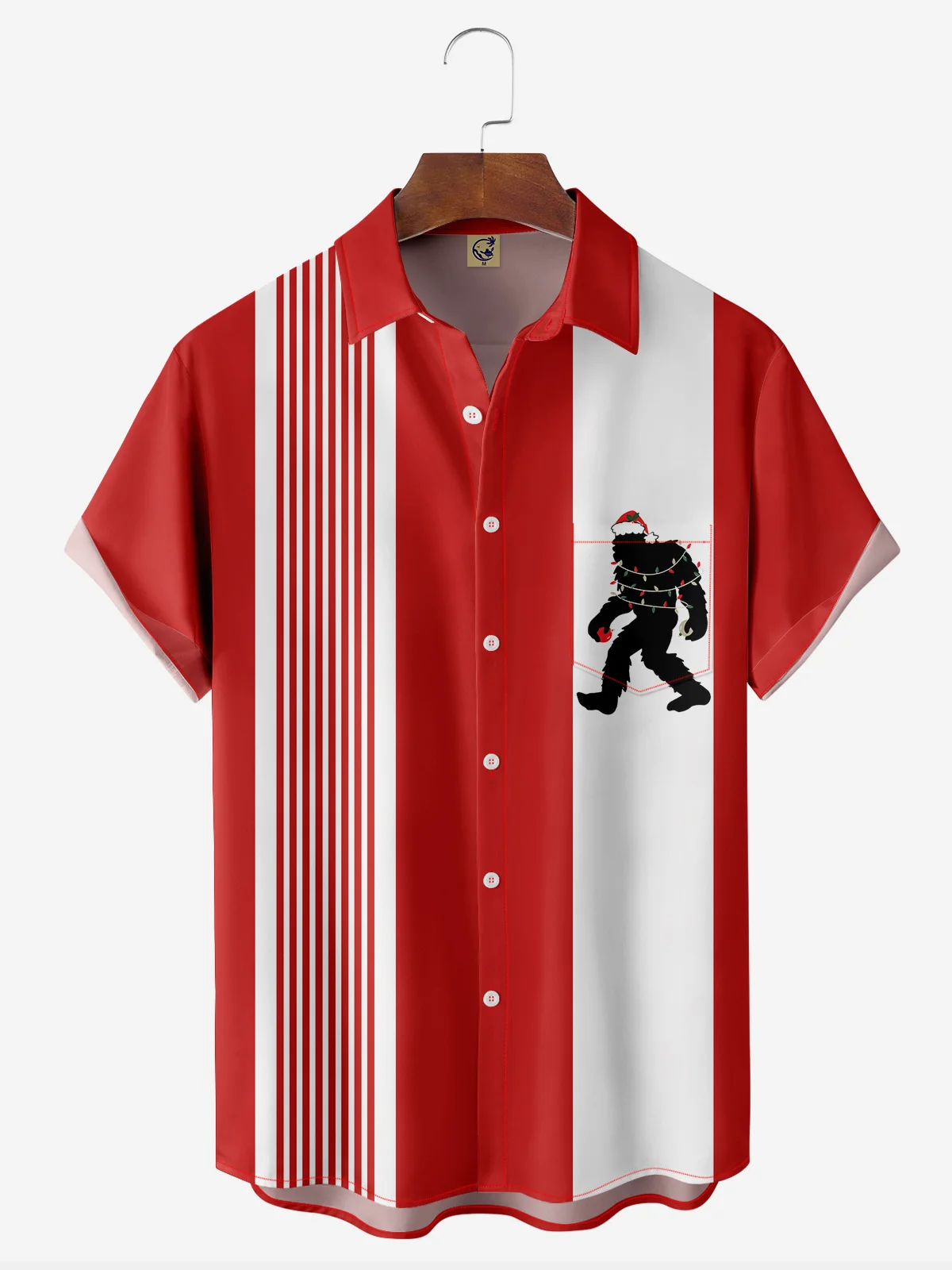 Christmas Bigfoot Chest Pocket Short Sleeve Bowling Shirt